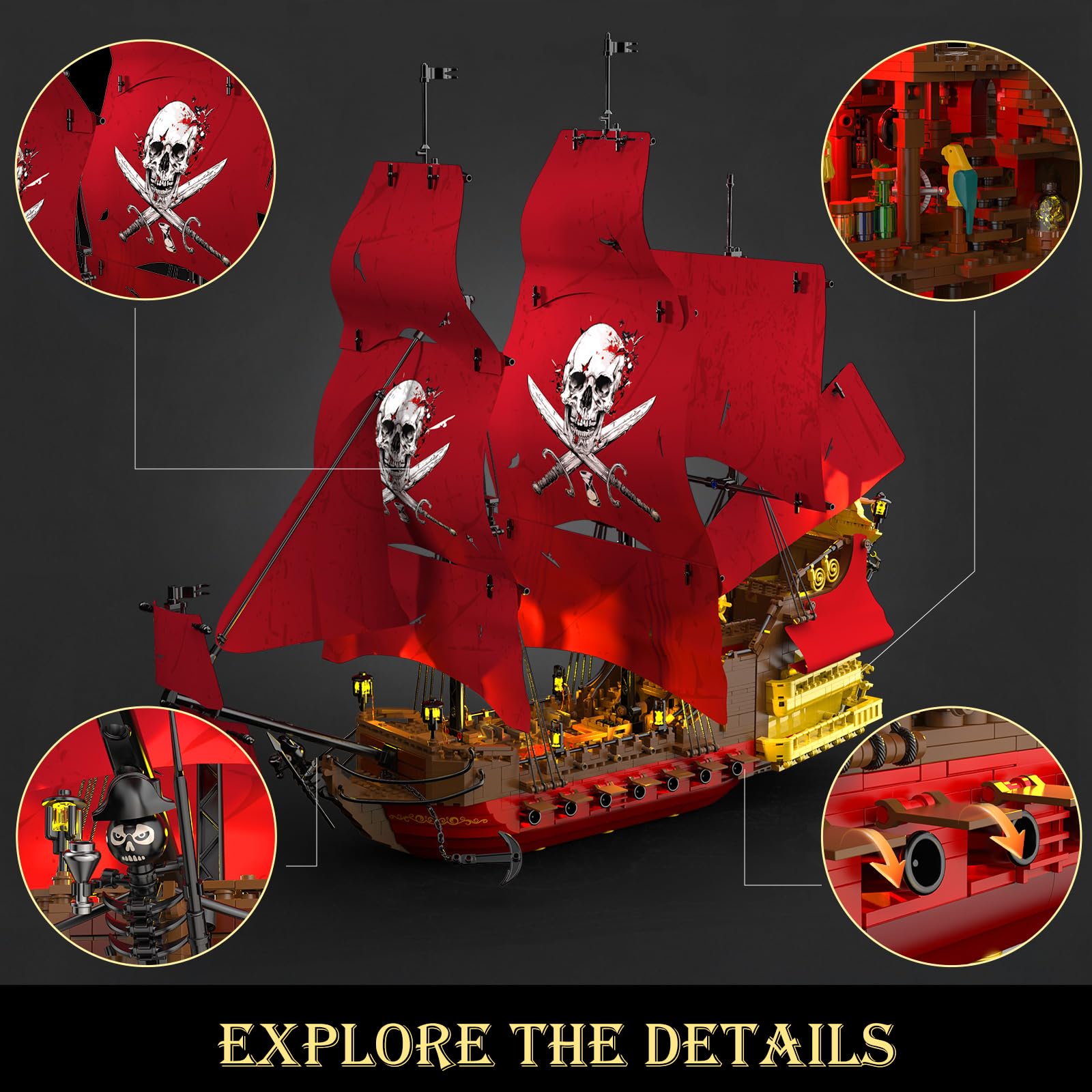JMBricklayer Piratenschiff Klemmbausteine Erwachsene mit licht, Revenge Piraten Schiffe Bausteine Modell 40003, Groß Ausstellungs Bauspielzeug Dekor, Geschenk für Pirates Fans Kinder ab 14 Jahren
