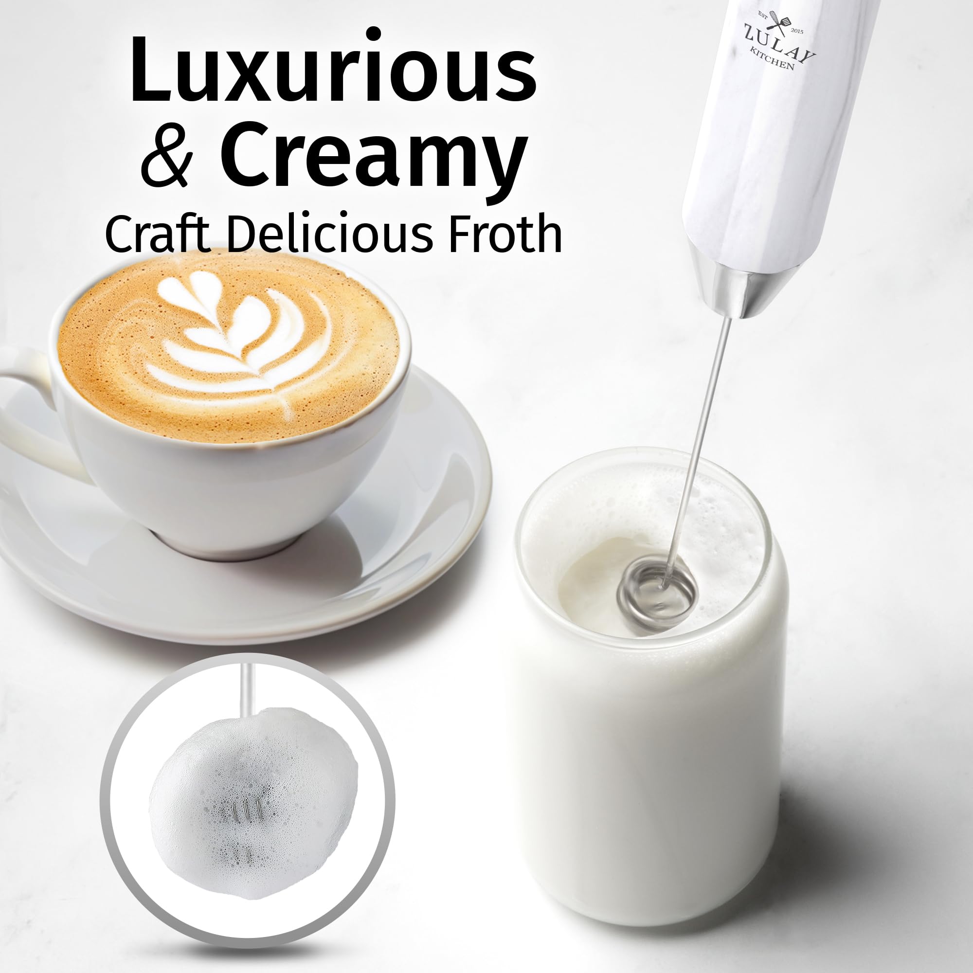 Zulay Kitchen Mousseur à lait portable rechargeable - Mousseur à boisson - Fouet électrique - Pour cappuccinos, matcha et poudre de protéines - Double fouet Lux 2 vitesses étanche - Marbre