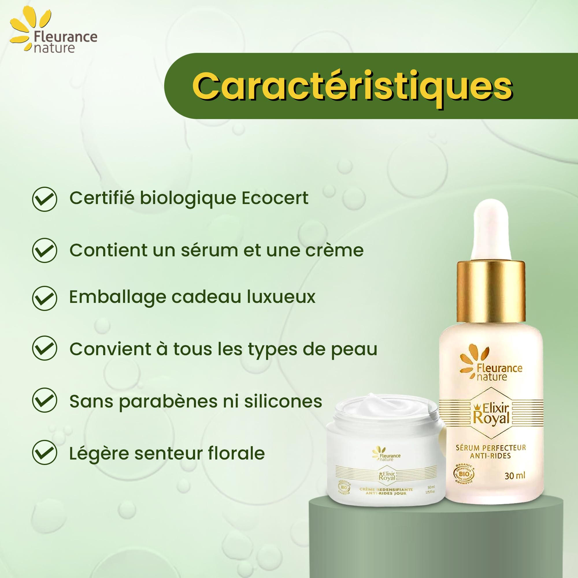Fleurance Nature, Zestaw Elixir Royal, prezent do pielęgnacji twarzy dla kobiet, kosmetyki organiczne z certyfikatem ecocert, piękno kobiety, serum i krem do twarzy
