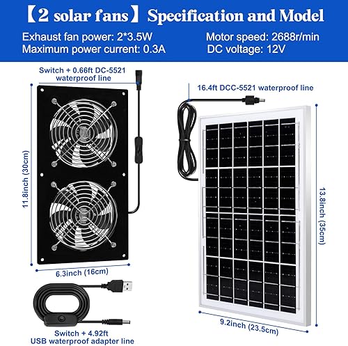 Miniatura 7 de HNRLOY Extractor de energía solar, panel solar de 20 W con ventilador de escape solar de alta velocidad de 8 pulgadas para invernadero, gallinero,