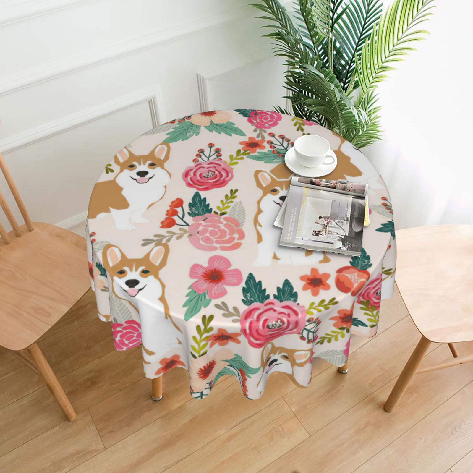 OXbnmm Corgi Floral Flowers Spring Garden Print Soft Round Tablecloth 60in Polyester Washable Cover Cozy Gift for Mom Housewarming