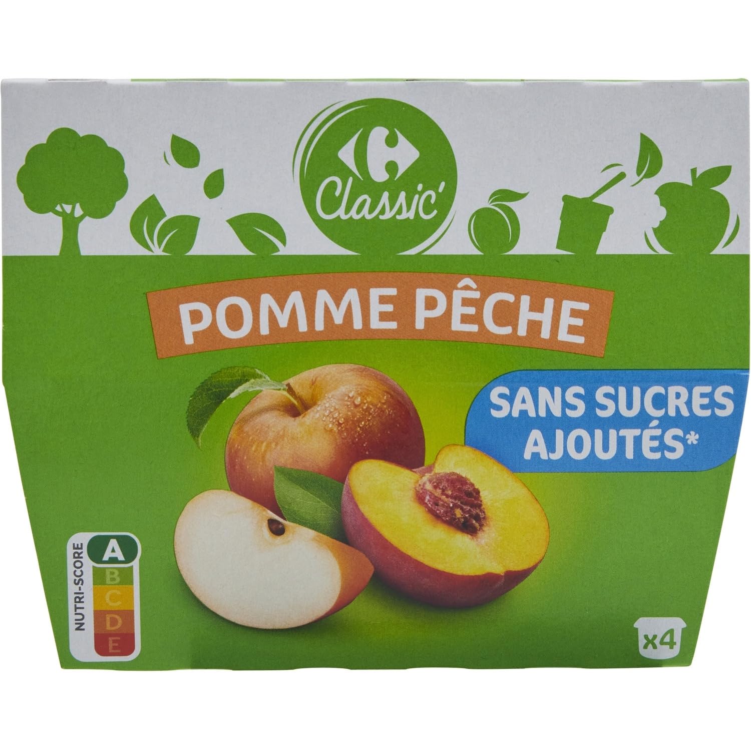 CARREFOUR CLASSIC' - Compote Pomme Pêche sans Sucres Ajoutés - Purées de Pommes et de Pêches - les 4 pots de 100 g - 400g - Le Lot De 4