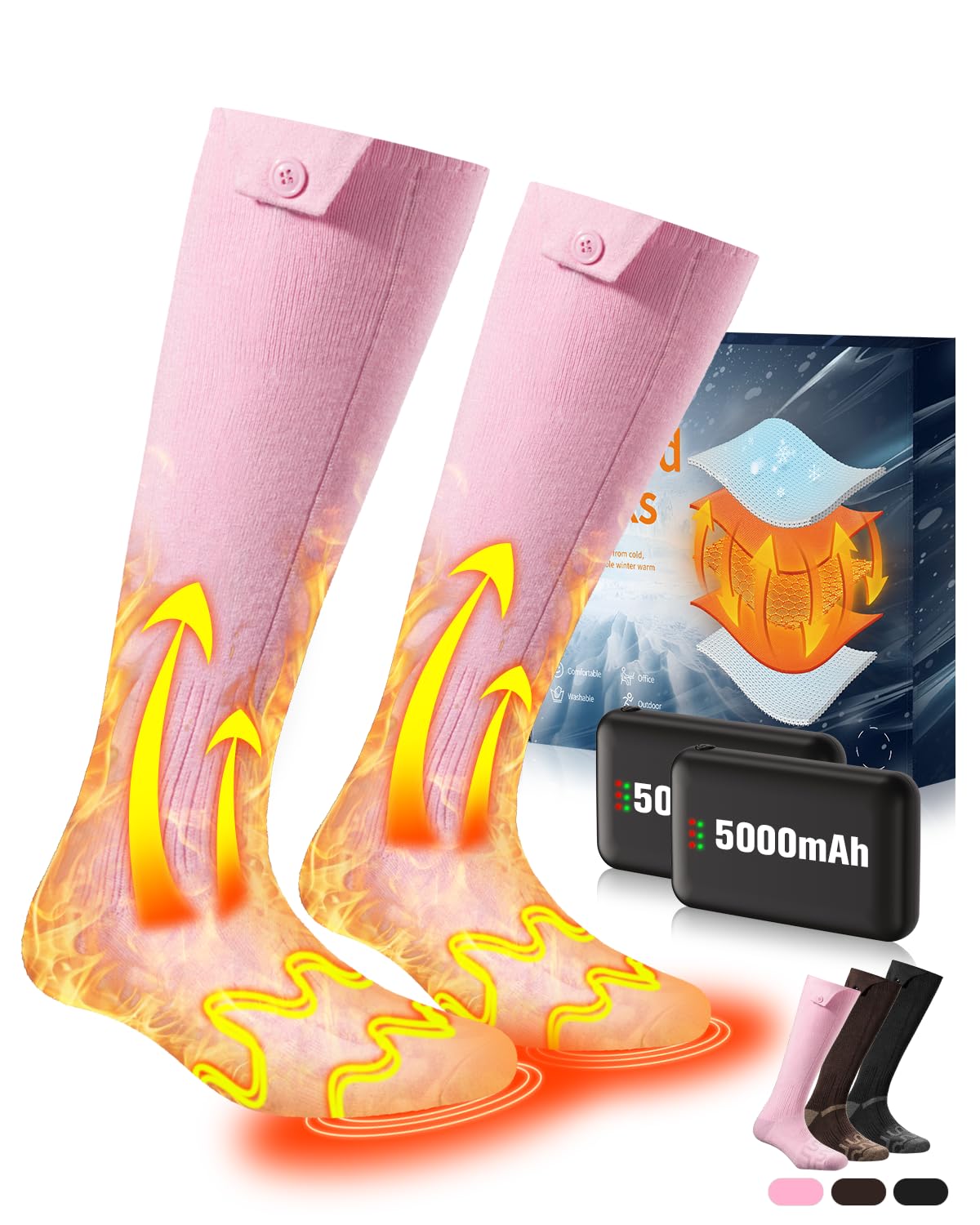Calcetines Calefactables, [Militar Calefacción Experto] 3 Ajustes de Calor, 2×5000mAh Calcetines Termicos Recargables, Calcetines Calefactables Mujeres Hombres hasta 60℃ para Senderismo Caza Esquí