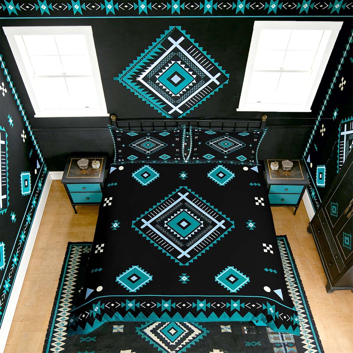 Loussiesd Aztec Western Duvet Cover Set Double Size For Kids Boys Girls Southwest Native Bedding Set Abstract Tribal Ethnic Duvet Cover with 2 Pillowcases Vintage Geometric Black Bedding