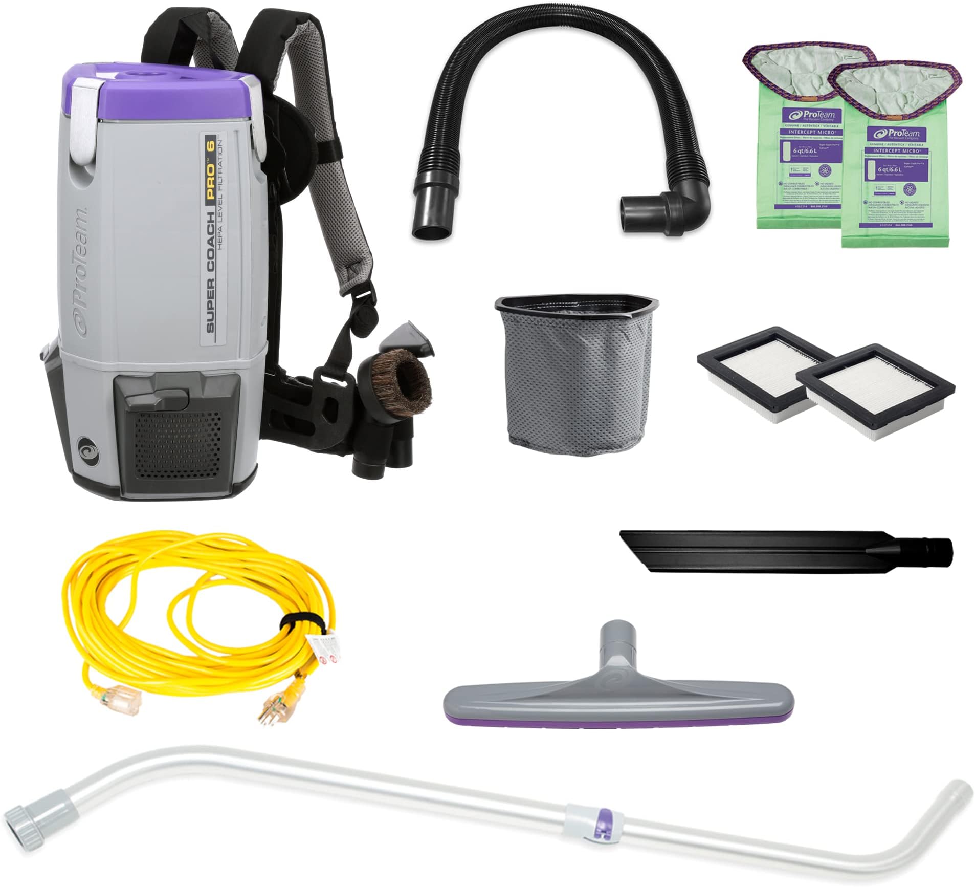 Super Coach Pro 6 Backpack Vacuum Commercial with Telescoping Wand Tool Kit, 6 Quart, Corded, 107310
