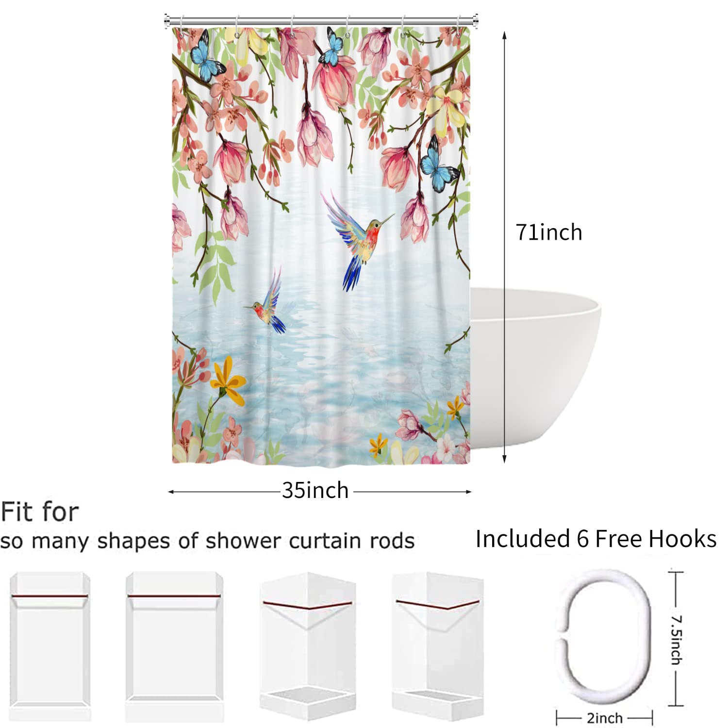 Hnmdmyi Tenda da doccia Fiori Colibrì 165x180, Fiori colorati Uccello carino primavera Tenda da bagno moderno acquerello naturale pianta botanica estetica impermeabile tessuto lavabile Tenda da bagno