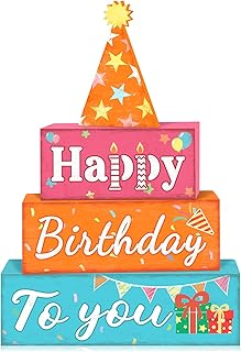 TOMPOP 4 Pcs Birthday Wooden Tiered Tray Decor, Colorful Kids Party Table Signs with Party Hat Happy Birthday to You Party Decoration, Farmhouse Centerpiece for Home or Table Make a Wish Gift