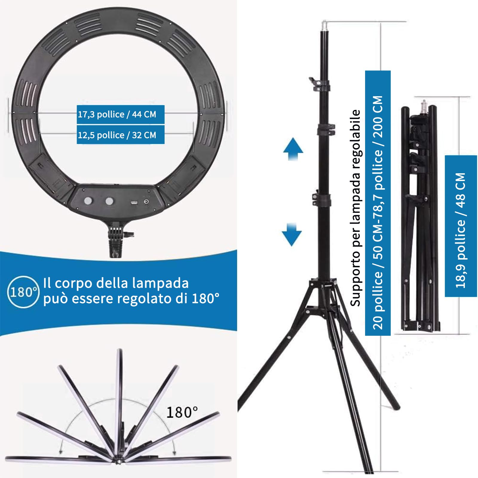 Luce ad Anello -18 Pollici 38 W 3200-5600 K Bicolore Dimmerabile LED Kit di Illuminazione per Fotografia di Bellezza Youtube TikTok, Trucco, Selfie, Ritratto, Tatuaggio, Sopracciglia,Luce video