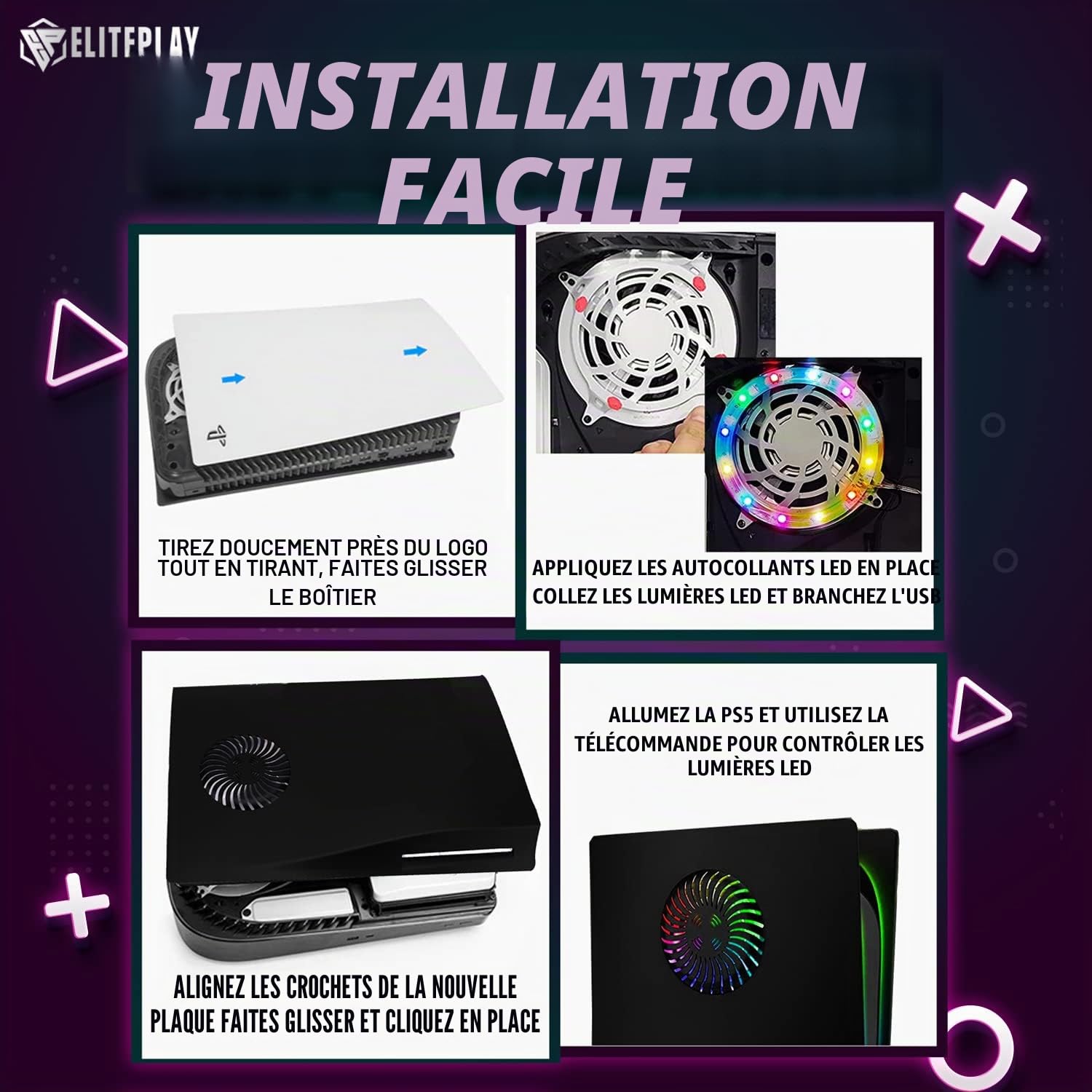 ElitePlay Façade noire PS5 avec lumières LED et grille d'aération de rechange pour Playstation 5 Disc Edition