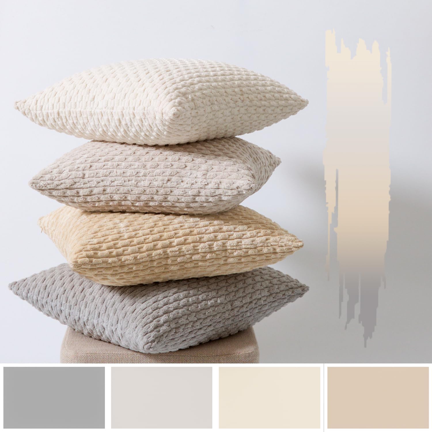 Kevin Textile Decorative Pillow Covers 20x20 Inch Set of 4 Soft Boho Corduroy Throw Pillow Cases Mix and Match Colors Plush Texture Throw Pillows for Sofa Couch Bedroom Home Decor Cream Beige/Taupe