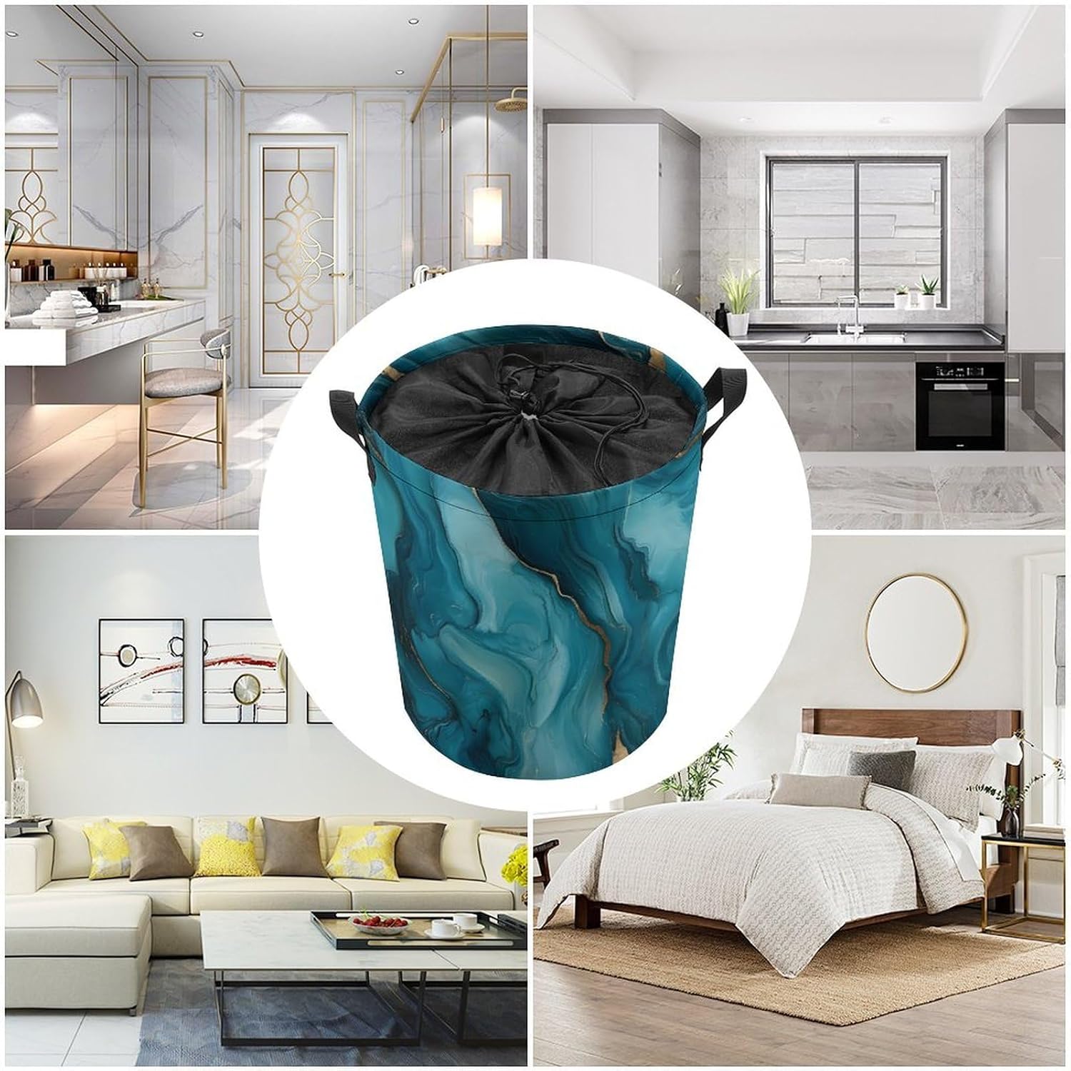 Abstract Teal And Gold Laundry Basket Bag Collapsible Clothes Hamper with Handles for Bedroom Laundry Room