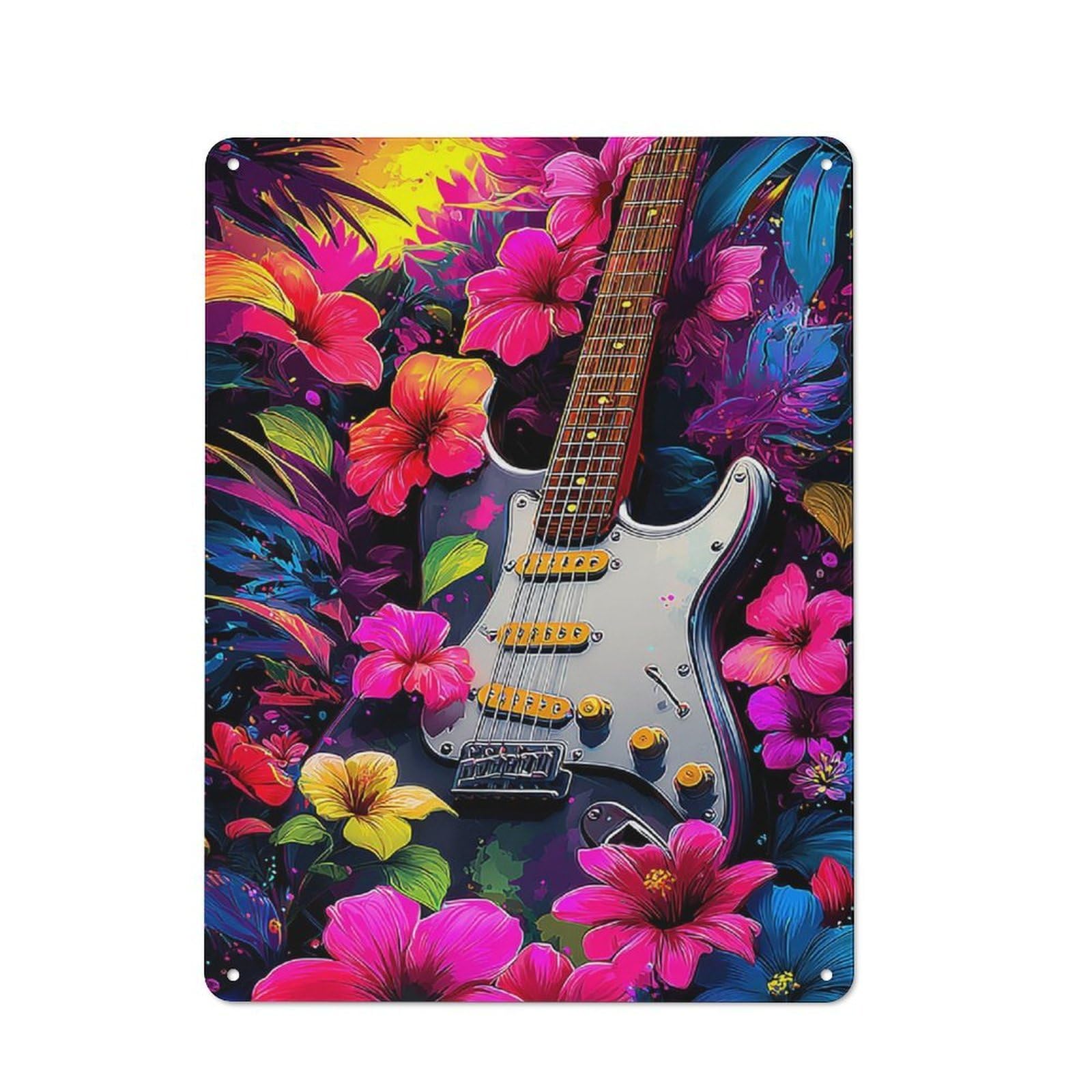 Junmoney Electric Guitar In Floral Paradise Retro Tin Wall Plaque 40X30cm For Garage Or Workshop, A Metal Wall Feature For Garages And Tool Rooms
