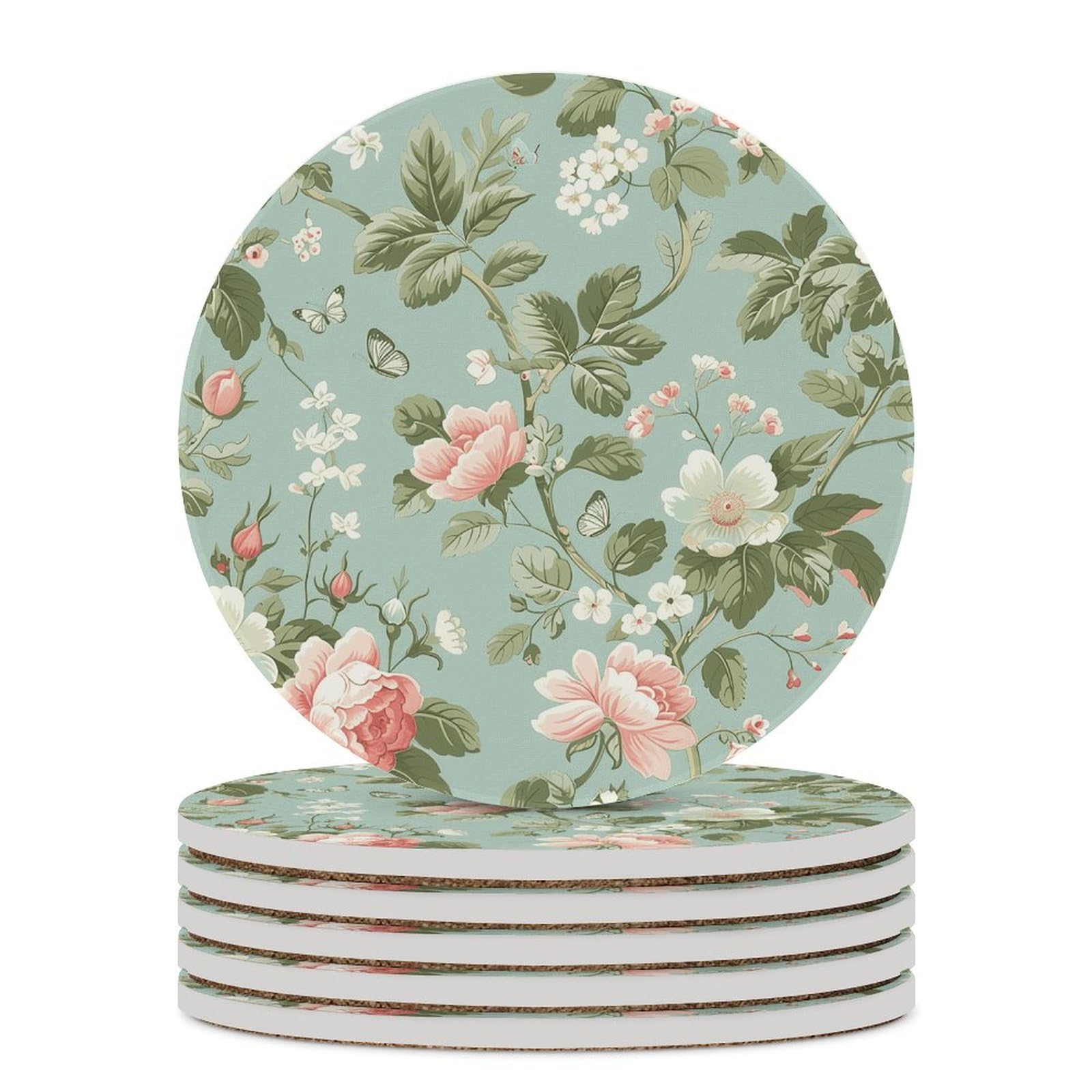 Dessous de verre en céramique lot de 6 avec liège absorbant style floral pour table basse