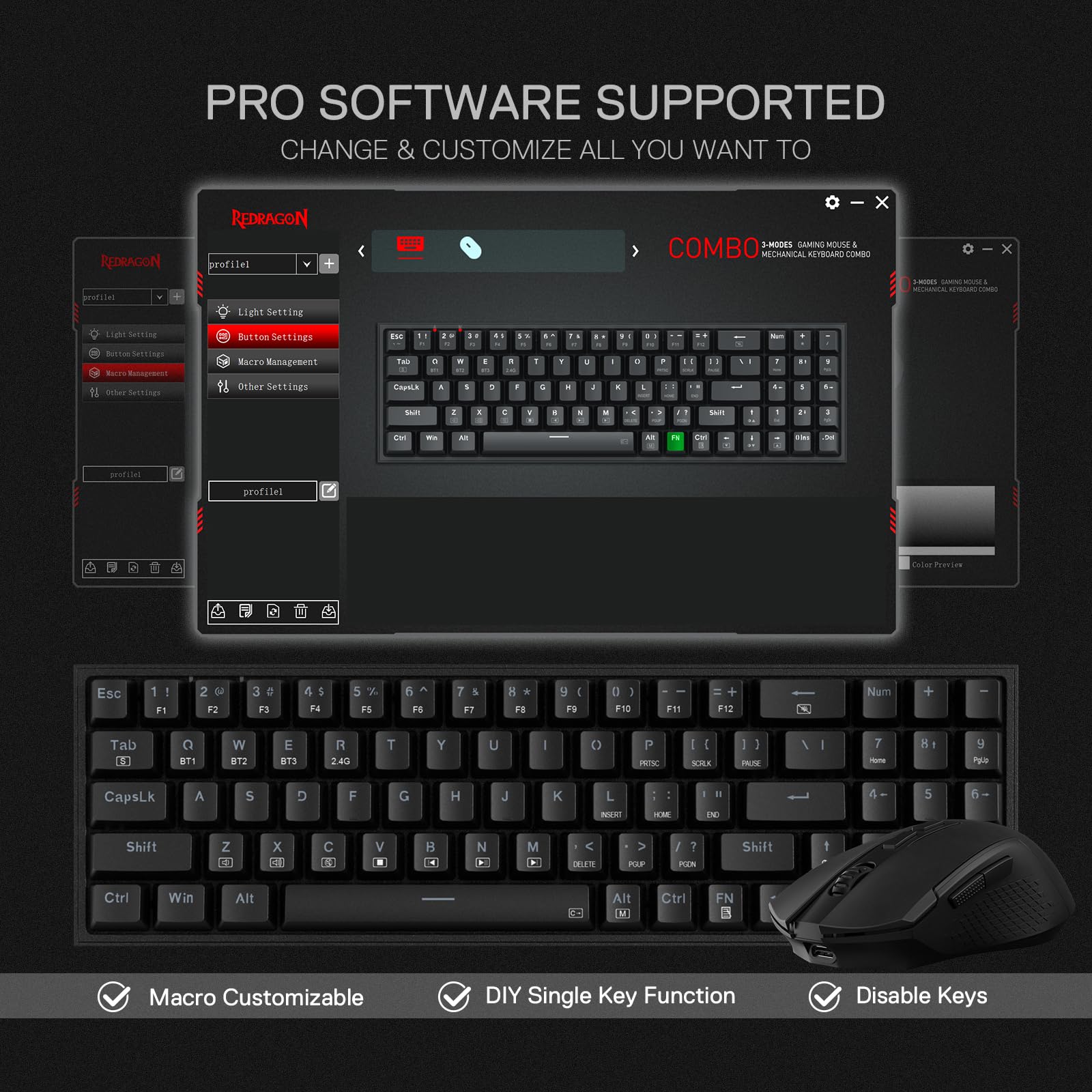 Redragon BS136 Gaming-Tastatur- und -Maus-Kombination, 75% K628 Tri-Mode-kabellose mechanische RGB-Tastatur und 8000-DPI-Maus-Paket
