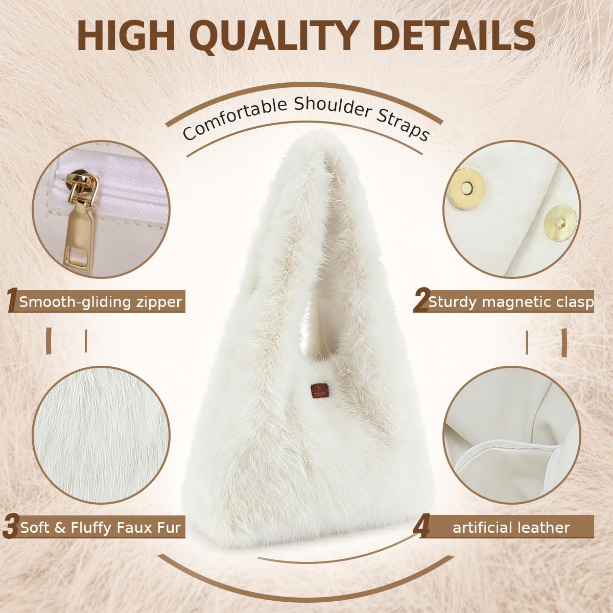 Faux Fur Purses for Women Winter Fluffy Bag Large Capacity Fuzzy Purse Cute Soft Fur Tote Bag Shoulder Bag - Image 4