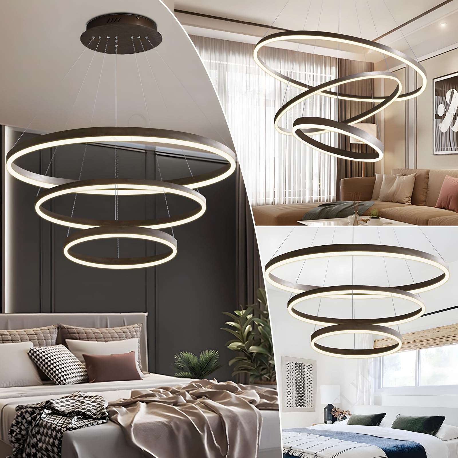 Nowoczesny Okrągły Żyrandol Led DIY | 3 Brązowy Pierścienie, ∅40+60+80cm=90W，H200cm Wysokość Nastawny, Metalowy + Akrylowy, Ściemniany Pilotem Okrągła Lampa Wisząca Sufitowa, Salon Sypialnia