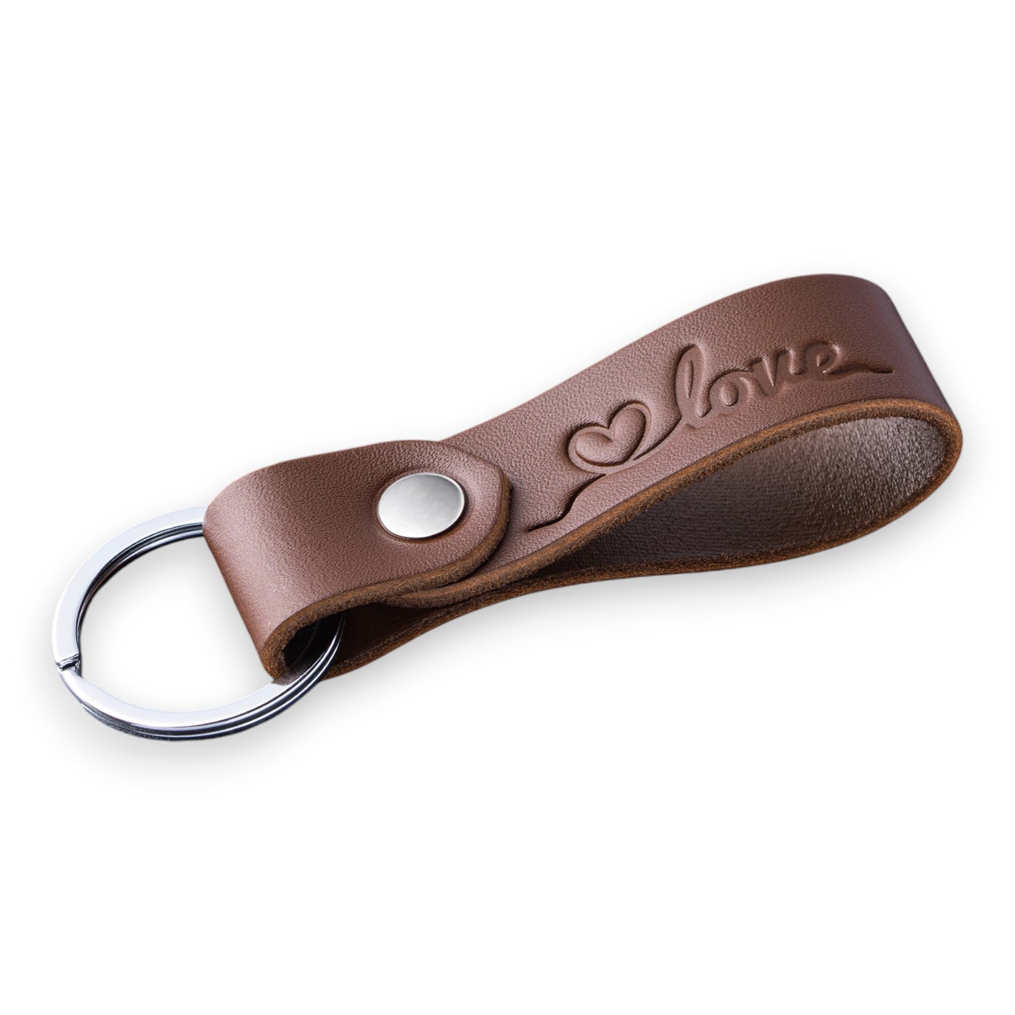 Magor Unisex Heart Love Leather Keyring For Men & Women, Personalised Car Keychain For Him, Her, Dad Or Husband, Full Grain Hot Embossed Matte Brown Leather Key Ring In Gift Box, Minimal Pocket Size (Heart Love)