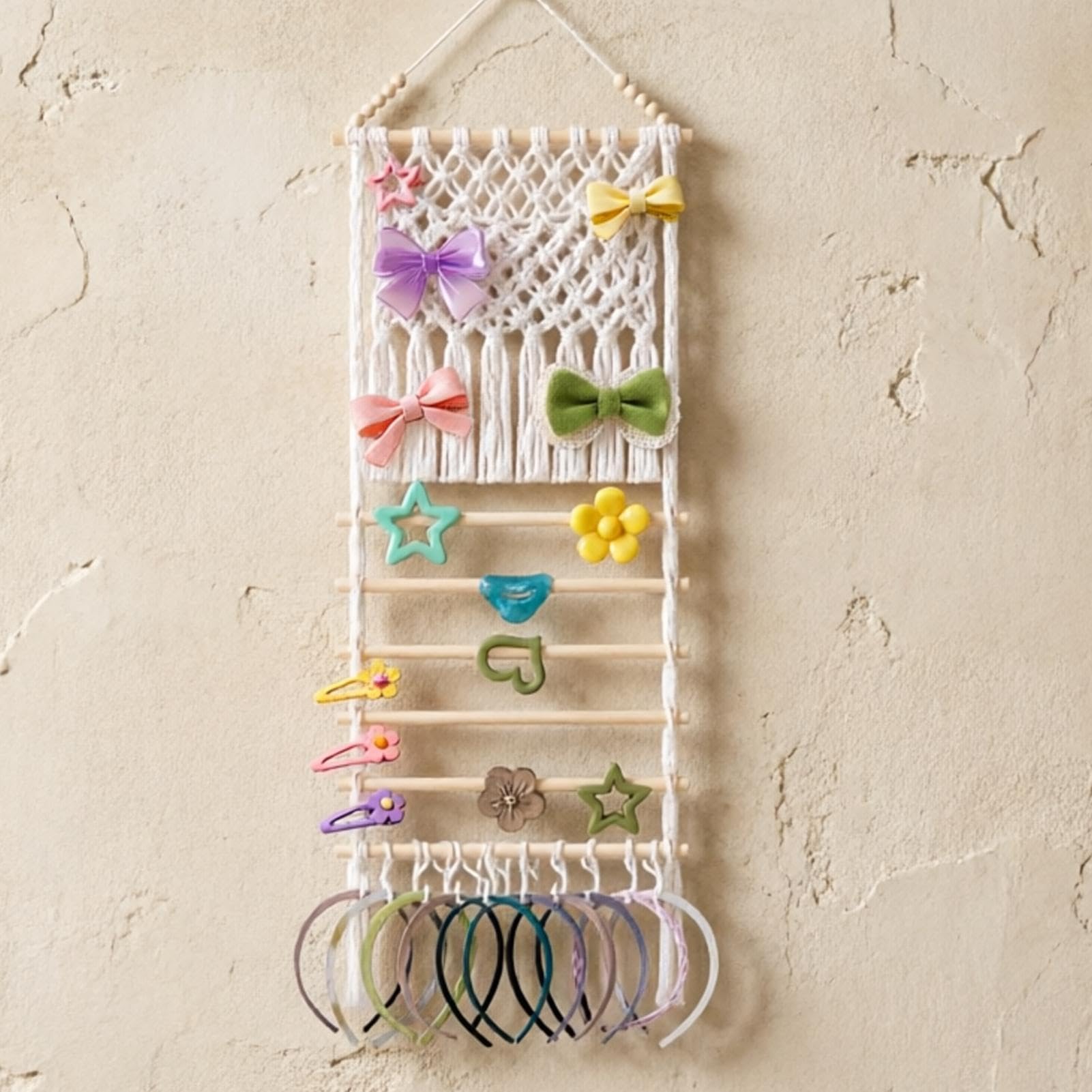 Organizer da parete per accessori per capelli in macramè, stile boho, ideale per camera da letto, bagno, dormitorio e soggiorno