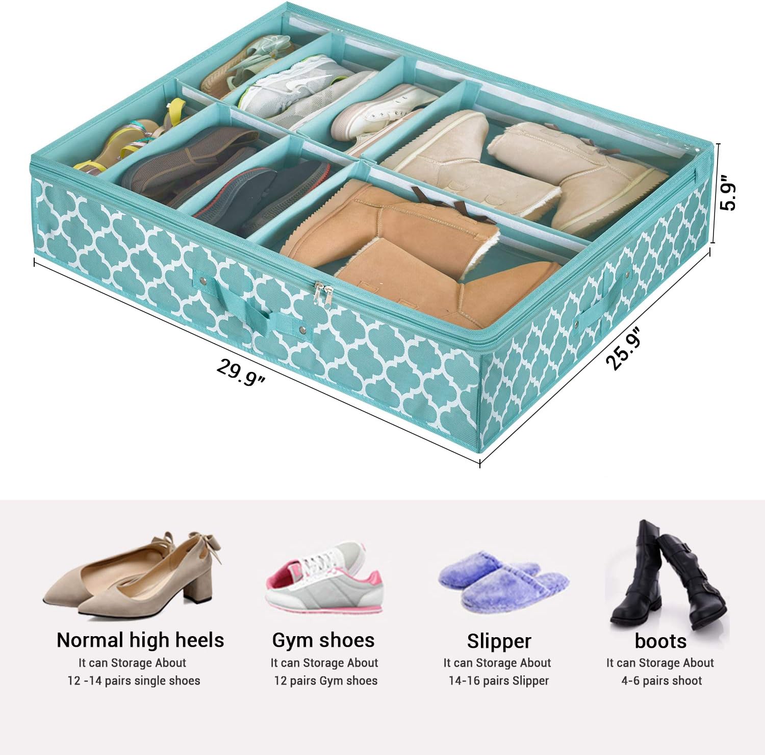Shoe Organizer Under Bed Adjustable Dividers, Shoes Storage Containers Box (2 Pack Fits 24 Pairs) With Clear Cover, for Sneakers,Clothes, Great Space Saver for Your Closet, Blue Lantern Pattern
