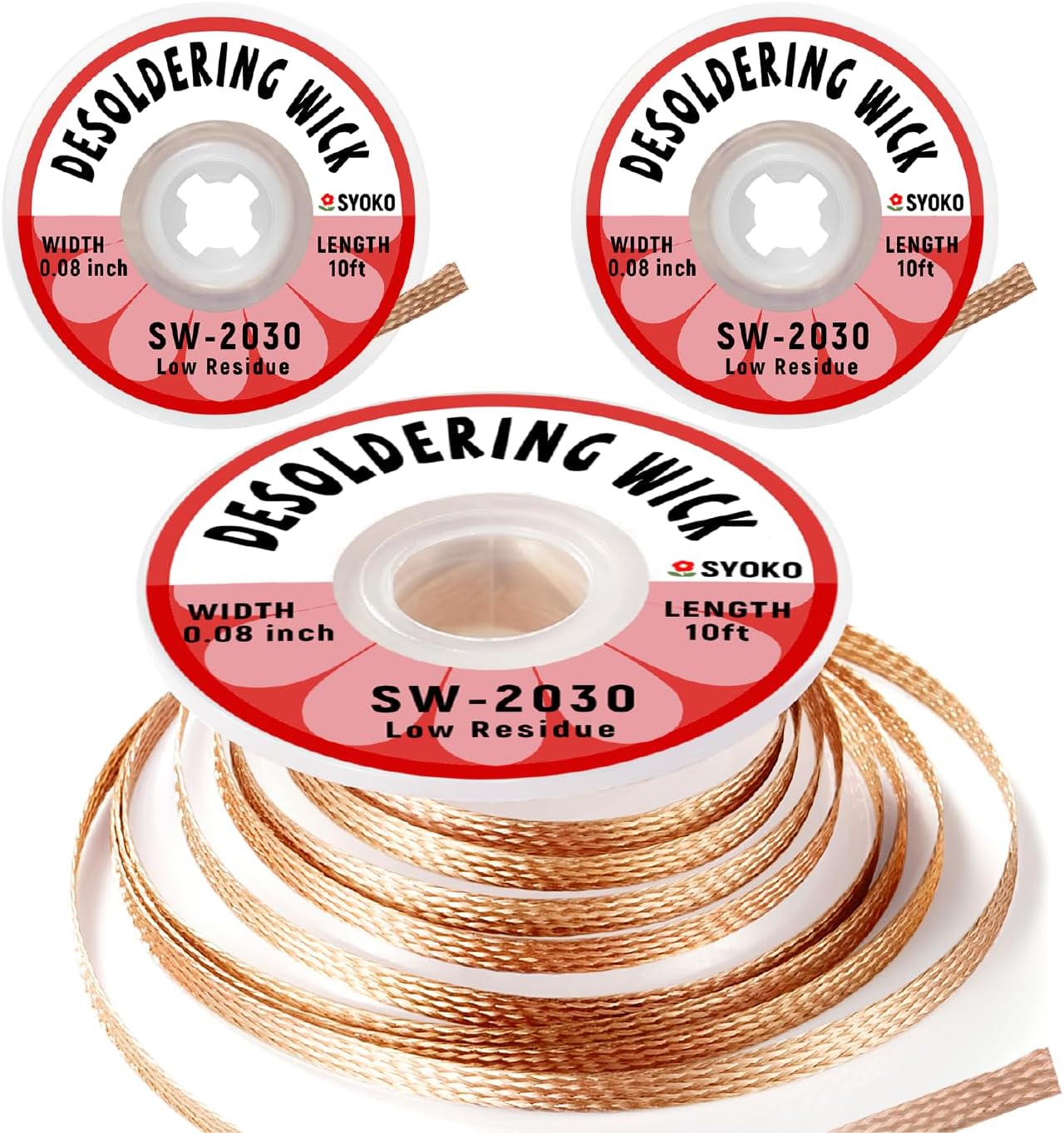 SYOKO 3 Pack Desoldering Wick, Braid Length 10ft/3M Width 2.0mm, No-Clean Solder Remover Wick, Used to Remove the Solder and Disassemble Electronic Components - (SW-2030)
