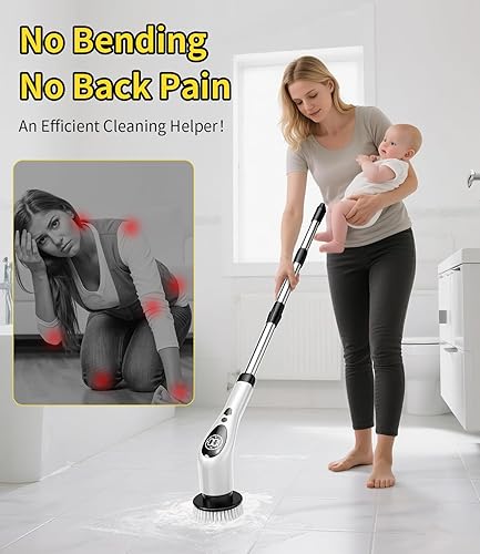 Miniatura 3 de Limpiador eléctrico giratorio, cepillo de limpieza inalámbrico, limpiador de ducha con 9 cepillos de fregar, 3 velocidades, mango de extensión