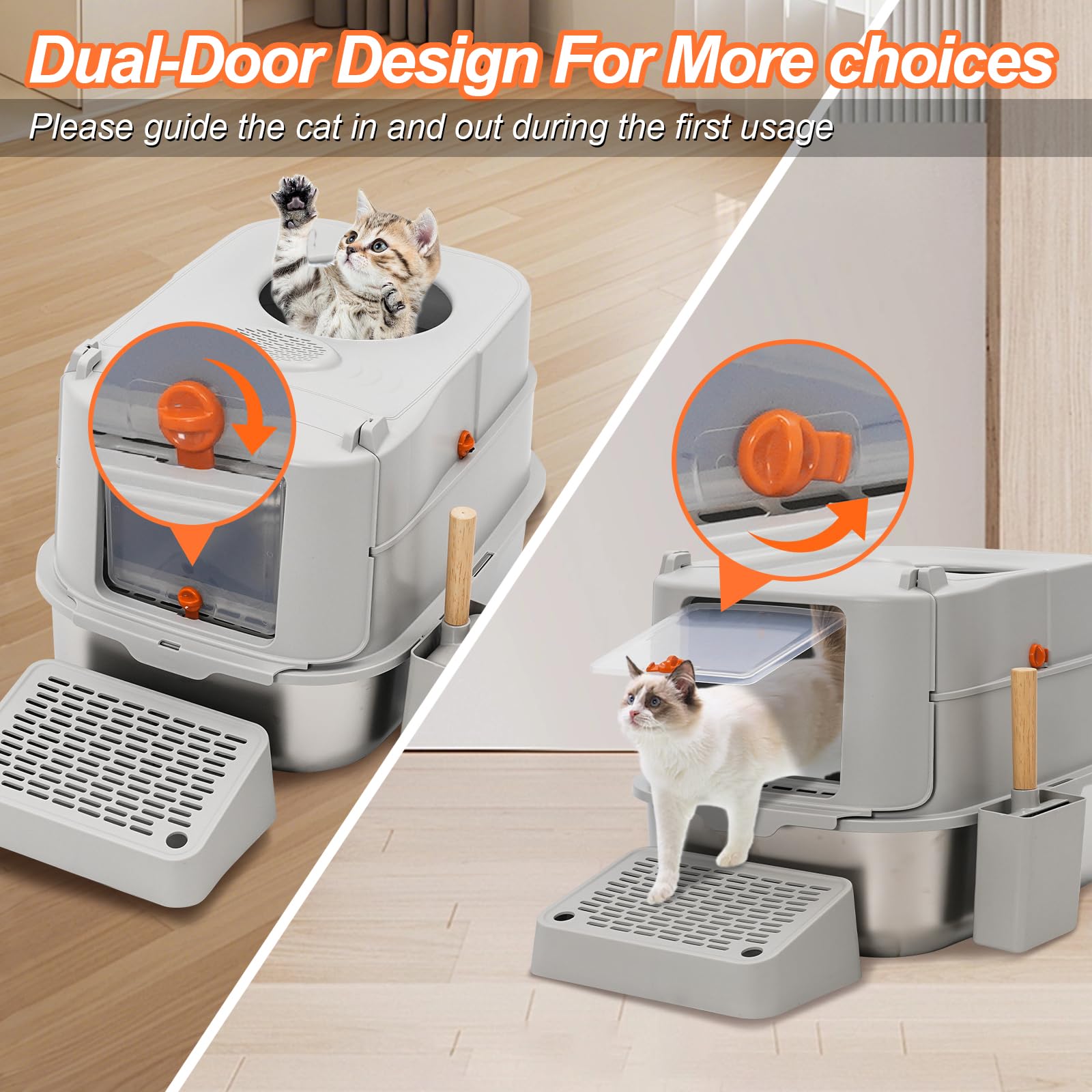 Arenero para Gatos con Cubierto,Extraíble Arenero Gato Acero Inoxidable,Arenero Gato Cubierto con Pala y Pedal,para Varios Tipos de Gatos,Gris