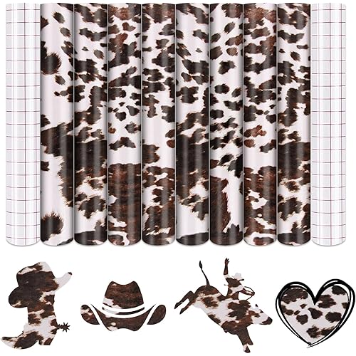 Tintnut Cow Print Permanent Vinyl - 8 Sheets 12"x10", Western Cowhide Print Adhesive Outdoor Vinyl for Decor Sticker, Waterproof Self Sticker