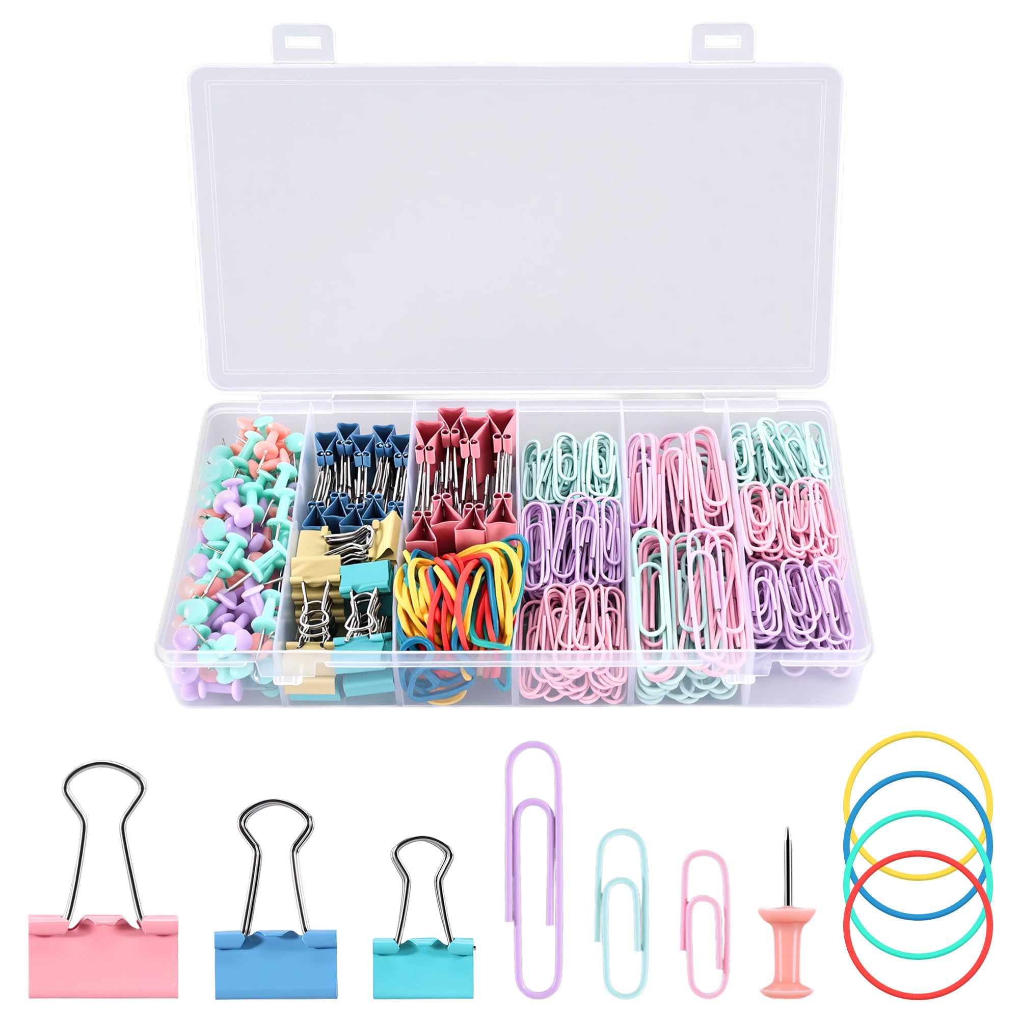 Büroklammern und Binderklammern, verschiedene Größen, bunte Metall-Büroklammern, Push-Pin-Gummibänder, für Zuhause, Schule, Bürobedarf, Dokumenten-Organisation, 500 Stück