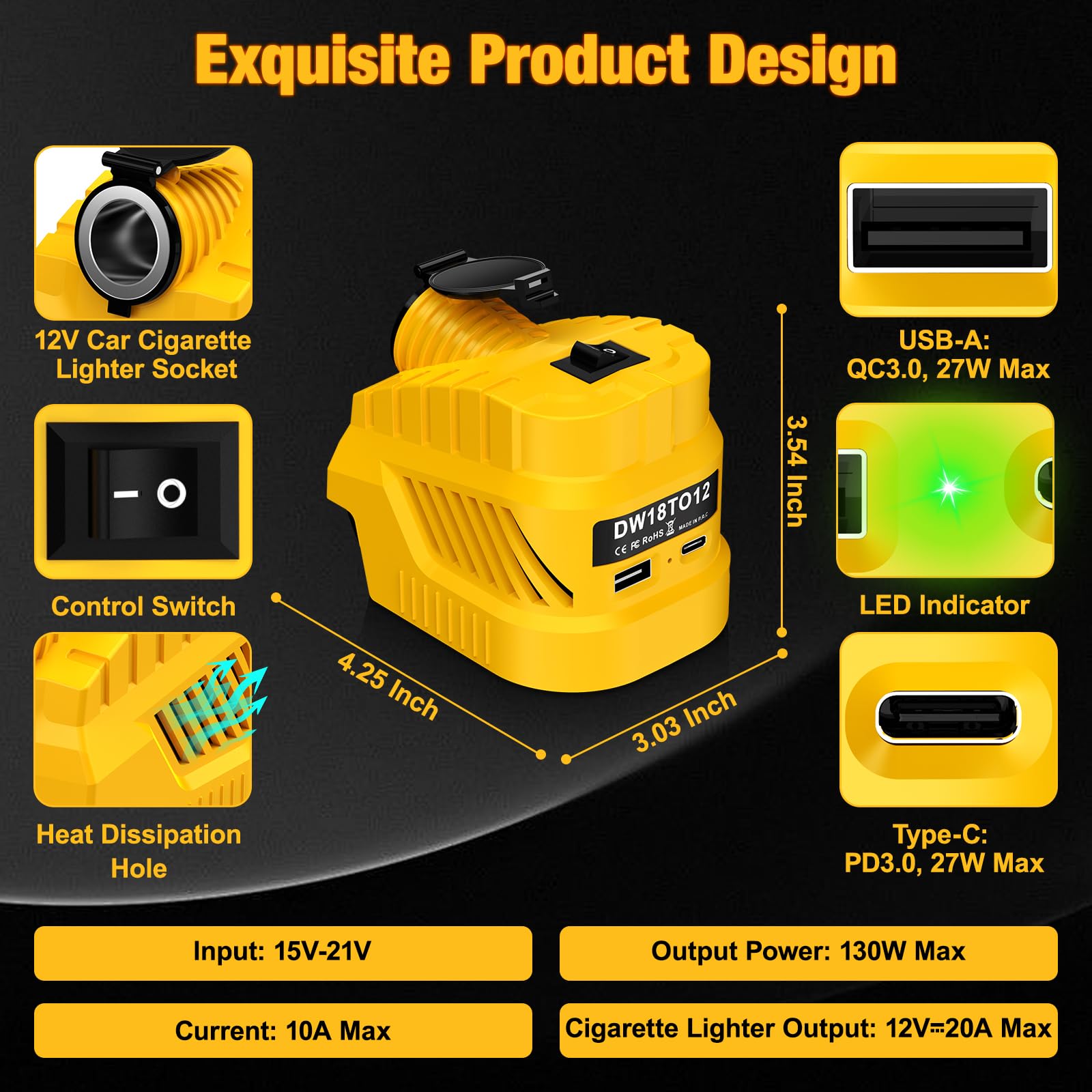 UGTXKJ Step Down Converter for Dewalt, 20V to 12V Power Supply Adapter, with Car Cigarette Lighter Socket 240W Powering for Vehicle Devices, USB Port, USB C/Type C Port Charging Output