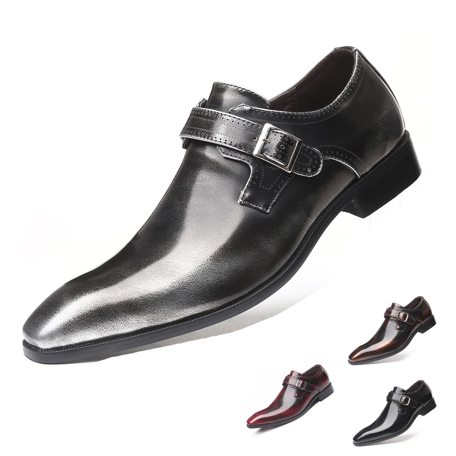 Mens Leather Pointed Toe Dress Shoes Fashion English Style Adjustable Metal Buckle Hook Loop Decorate Slip On Block