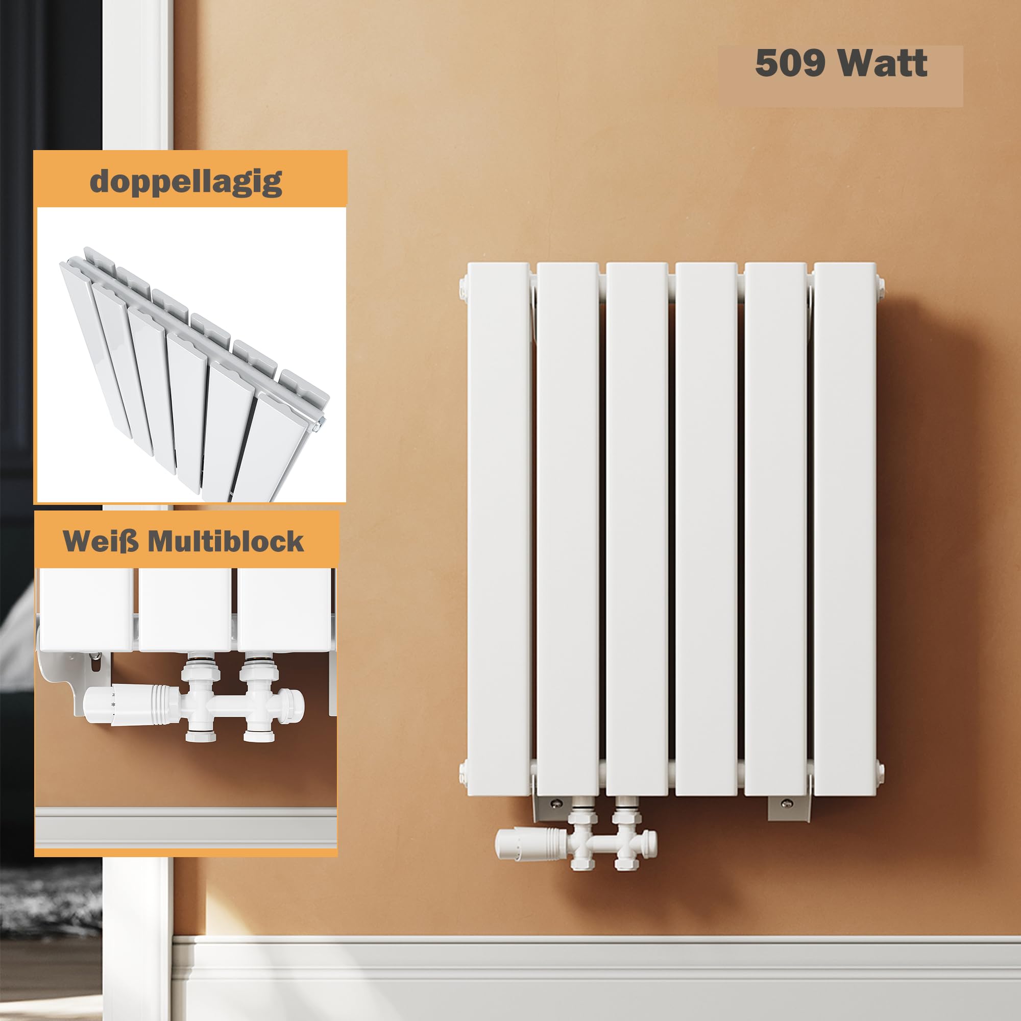 Scaldasalviette da bagno, piccolo, 600 x 465 mm, verticale, con connettore laterale, bianco, a doppio strato, con termostato bianco multiblocco