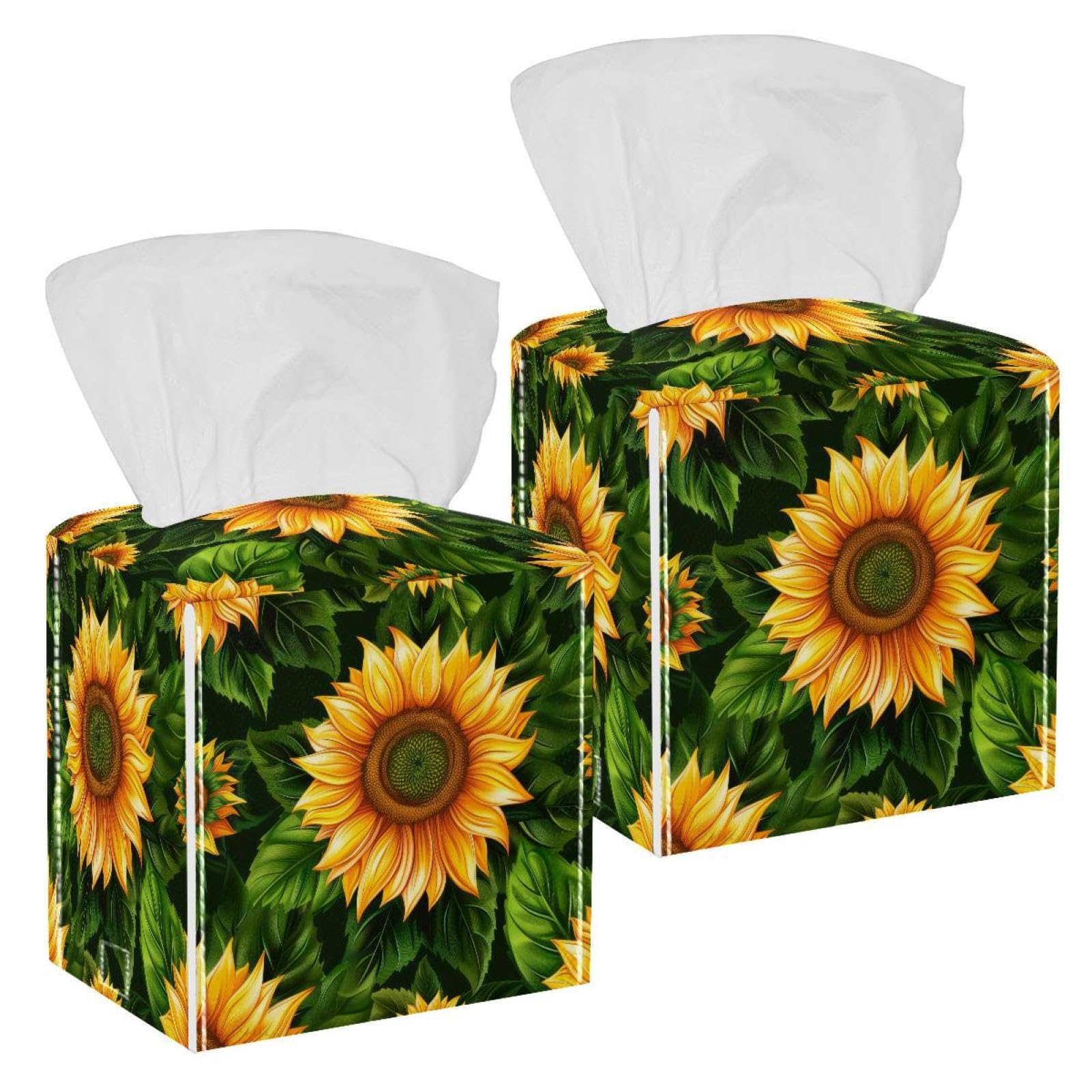 Sunflower Tissue Box Cover, 2 Pack PU Leather Square Facial Tissue Dispenser Box holder for Home Office Car