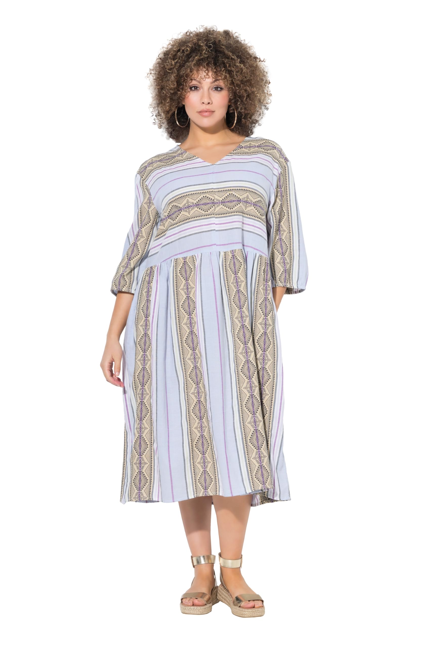 Ulla Popken Damen große Größen Übergrößen Plus Size Kaftankleid, Streifen, A-Linie, V-Ausschnitt, 3/4-Arm 838739