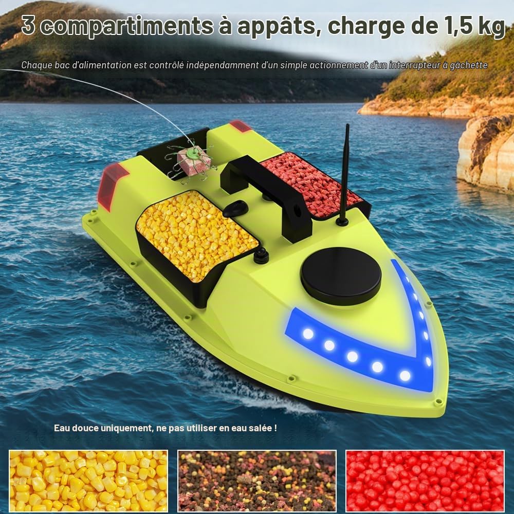 OBEST Bateau d'appât Télécommandé avec GPS, 600M RC Bateaus Nuit LED Pêche,3 Cabines 1.5 kg Chargement Bait Boat, Retour Intelligent, Faible Protection Batterie, Pêche Bateau à Double Moteur, 5200mAh