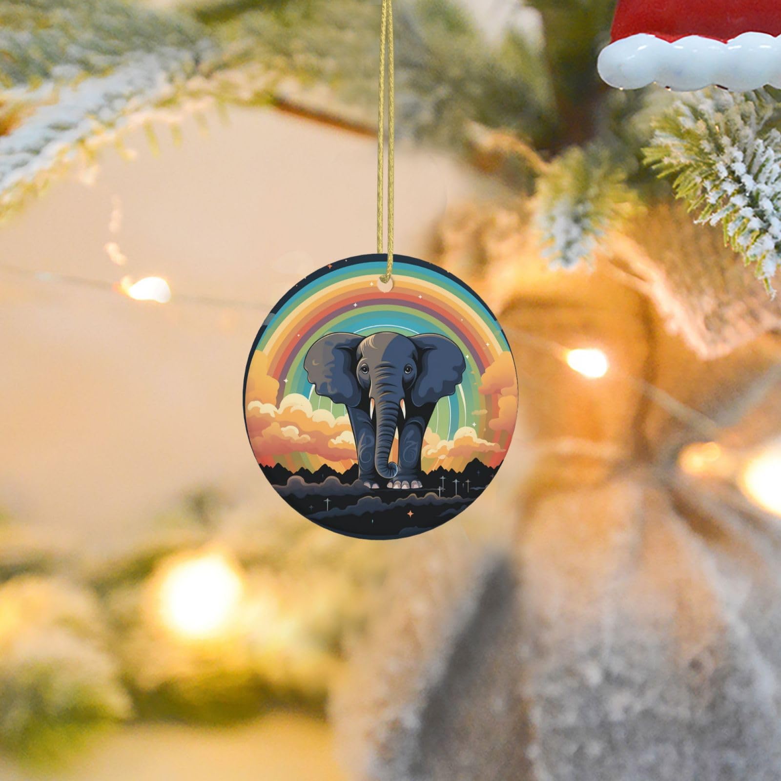 Christmas Tree Ornaments Ceramics Christmas Round Decorations Cute Elephant Rainbow Ceramics Ornaments Circle Pentagram Xmas Tree Hanging Pendant for Christmas Tree Party Holiday Home Decor