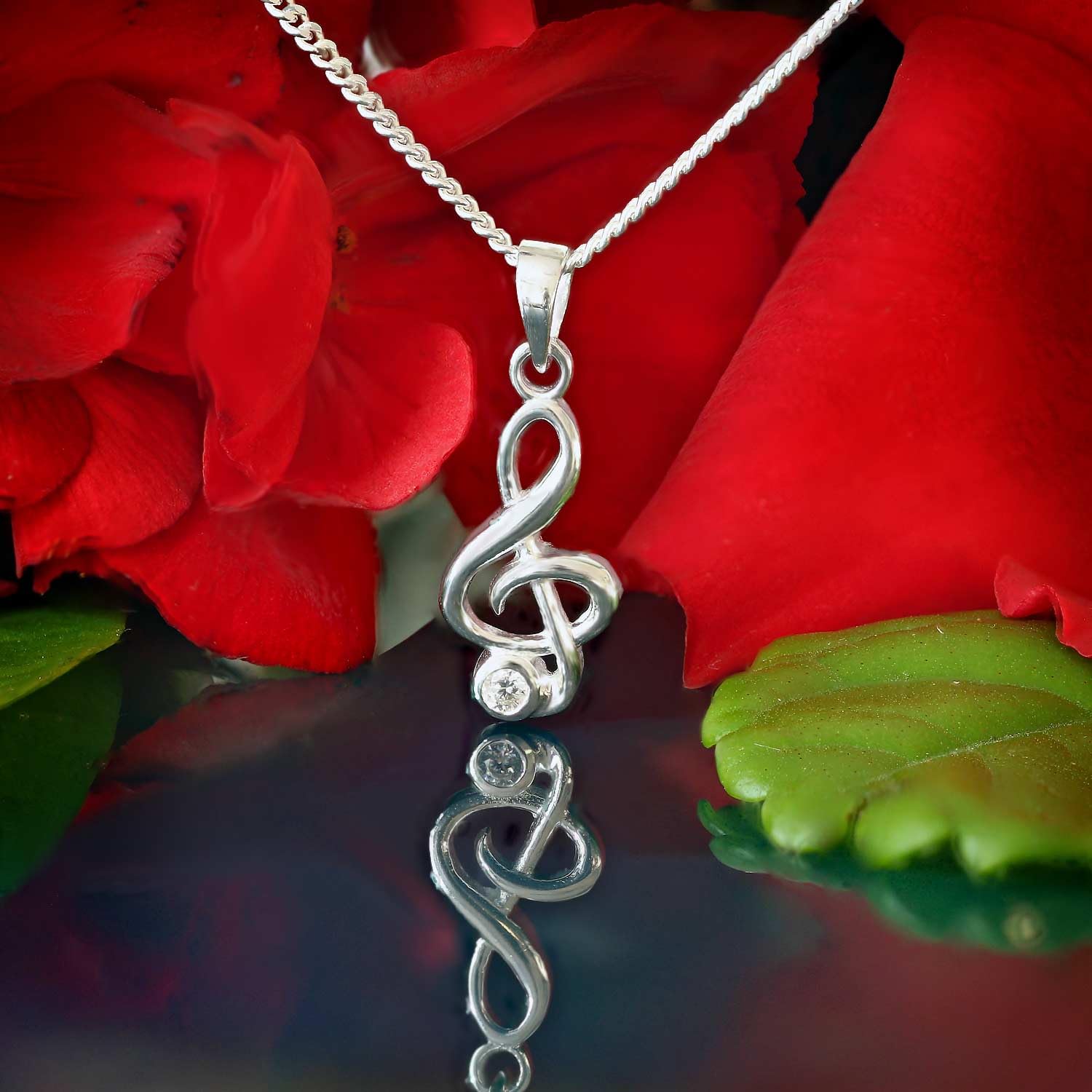 CLEVER SCHMUCK Notenschlüssel Kette Silber + Ohrring Violinenschlüssel + Zirkonia weiß + Panzerkette 40 cm Sterling 925 Schmuckset für Musiker im Schmucketui anthrazit