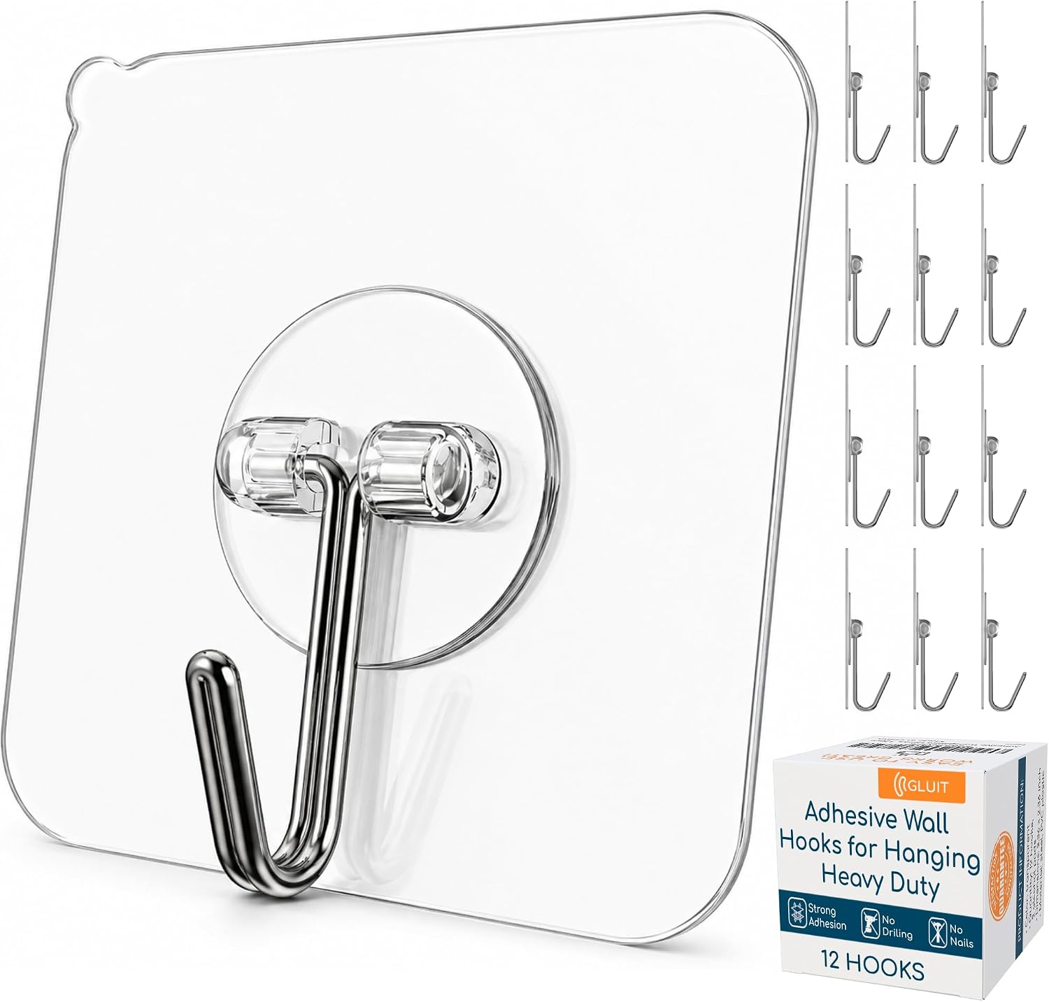 GLUIT Adhesive Wall Hooks for Hanging Heavy Duty 22 lbs Hooks for Walls No Drill, Towel Sticky Clear Hook, Waterproof, Home, Bathroom, Kitchen, Office, and Outdoor 12 Pack