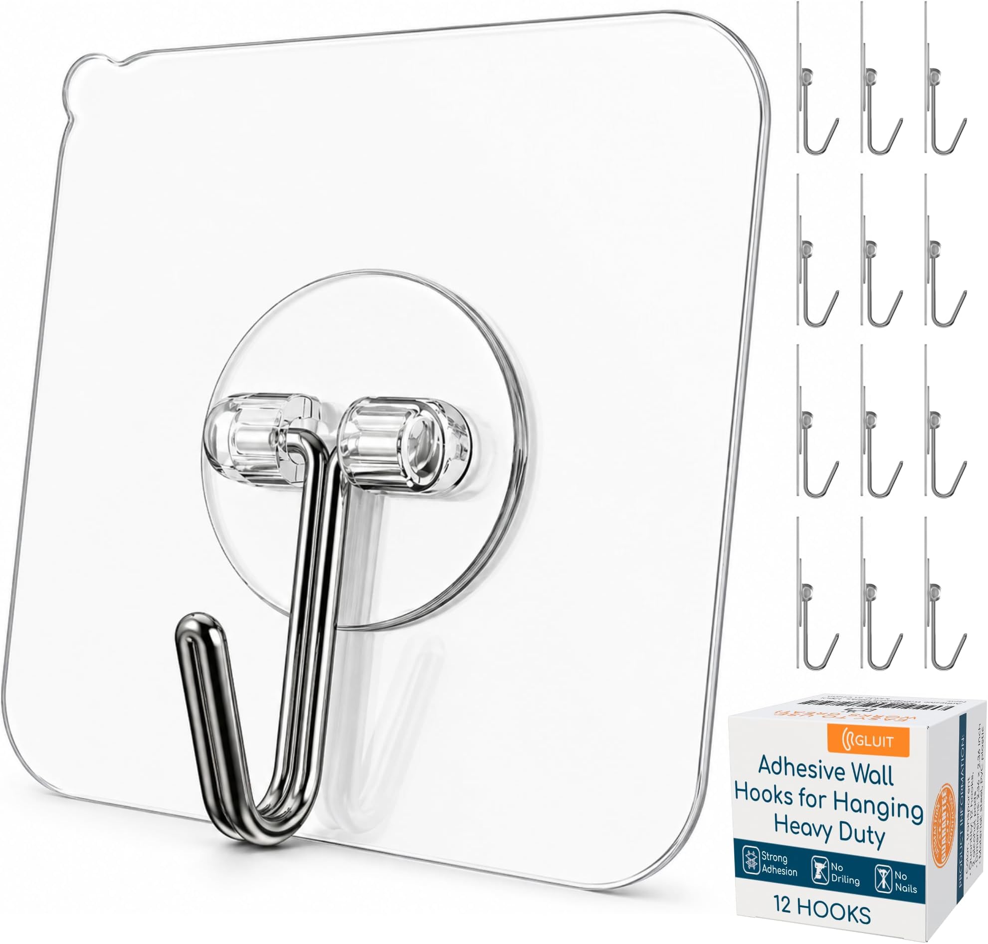 GLUIT Adhesive Wall Hooks for Hanging Heavy Duty 22 lbs Hooks for Walls No Drill, Towel Sticky Clear Hook, Waterproof, Home, Bathroom, Kitchen, Office, and Outdoor 12 Pack