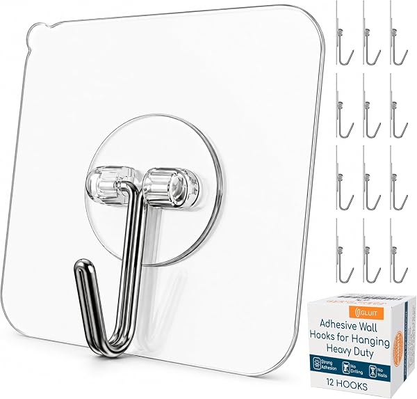 GLUIT Adhesive Wall Hooks for Hanging Heavy Duty no Drill, 22 Lbs, 12 Pcs