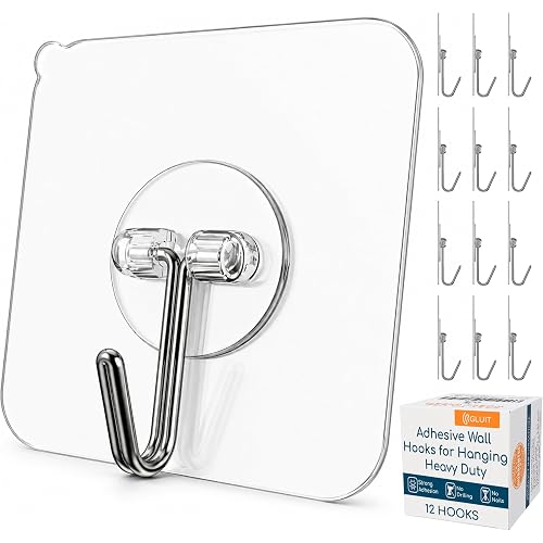 GLUIT Adhesive Wall Hooks for Hanging Heavy Duty 22 lbs Hooks for Walls No Drill, Towel Sticky Clear Hook, Waterproof, Home, Bathroom, Kitchen, Office, and Outdoor 12 Pack