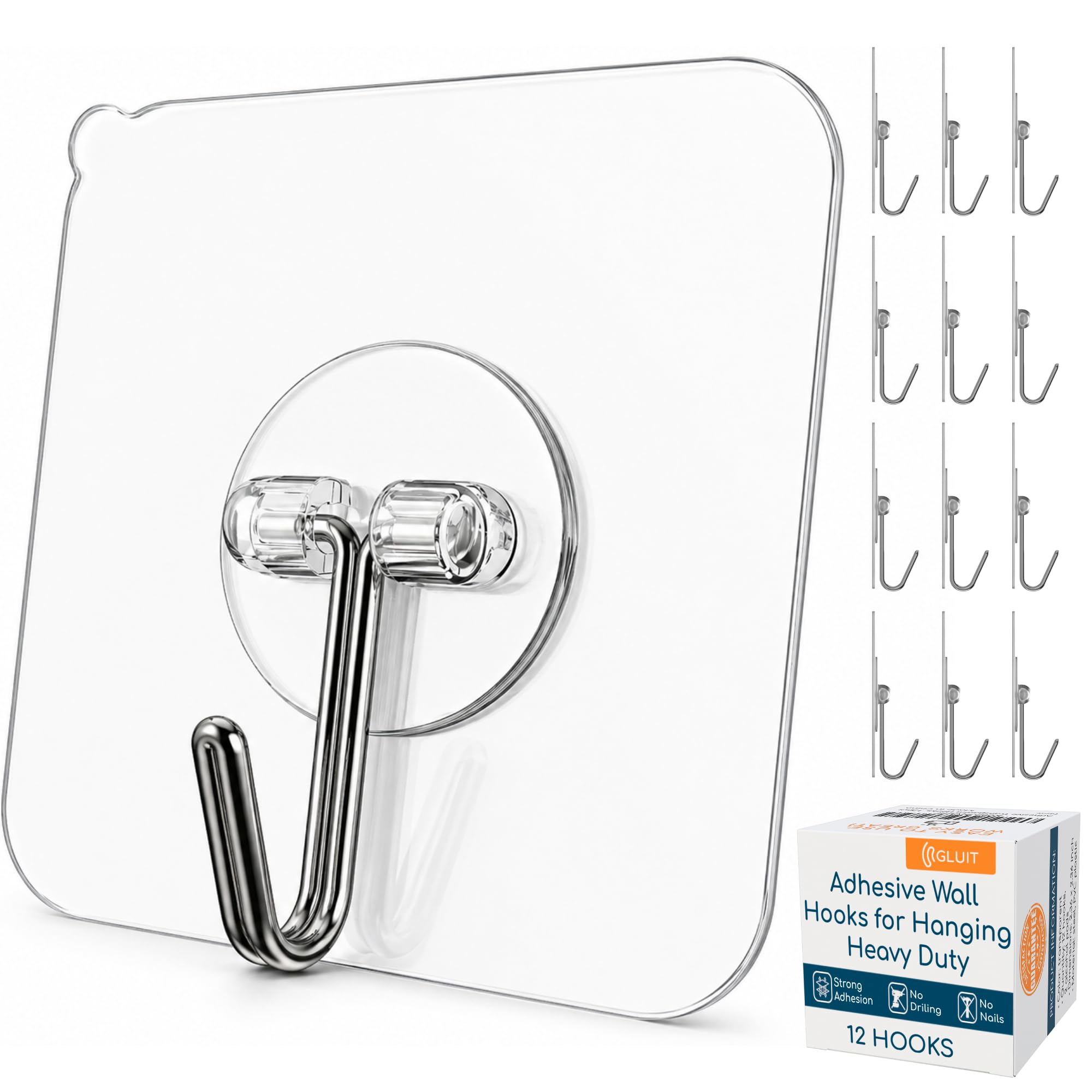 GLUIT Adhesive Wall Hooks for Hanging Heavy Duty No Drill, 22 lbs, 12 pcs | GLUIT Adhesive Hooks for Hanging, Transparent, Waterproof, Sticky Towel Hook for Bathroom, Kitchen, Home, Office, Outdoor