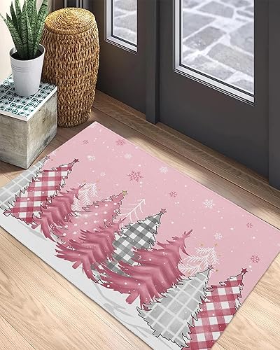 Miniatura 5 de Savannan Tapetes para suelo, árbol de Navidad a cuadros, copos de nieve, fondo rosa, antideslizante, parte trasera de látex, ultrafina, para