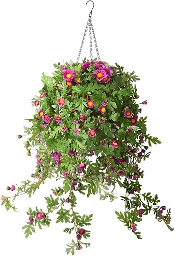 INQCMY Flores colgantes artificiales, plantas colgantes falsas, ramo de flores de crisantemo multicolor con cesta de forro de coco de 12 pulgadas