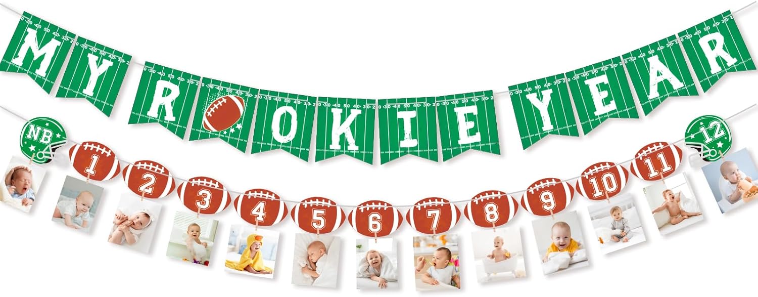 Football 1st Birthday Banner for Party Decorations, Football Theme Monthly Milestone Photo Banner, My Rookie Year First Birthday Celebration Super Bowl Party Supplies