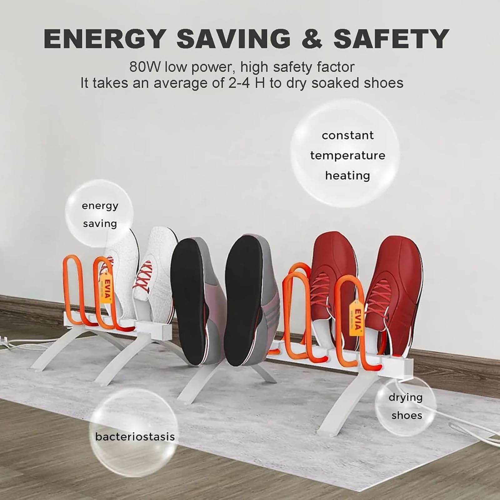 Asciugatore Elettrico per Scarpe, Deumidificatore per Stivali, Riscaldatore Silenzioso da 80 W, capacità di Carico di 4 Paia di Scarpe, Riscaldamento a Temperatura Costante 45-55 °C
