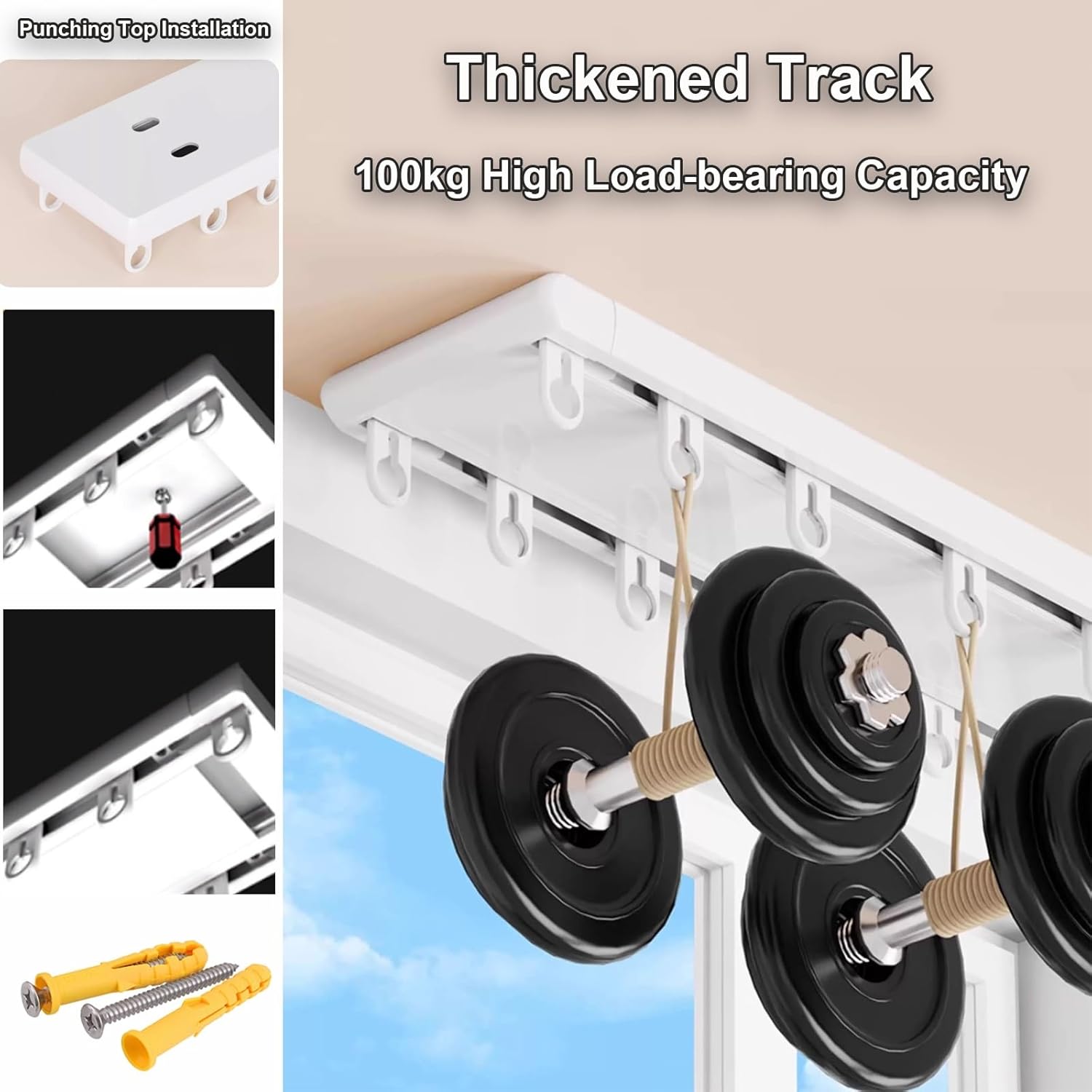 Double Row Aluminum Ceiling Curtain Track with Soundproof Strips, Mute Rollers, Heavy-Duty 100kg Load-Bearing Double Curtain Rod for Living Room, Bedroom, Hospital (Gray, 12.5ft)