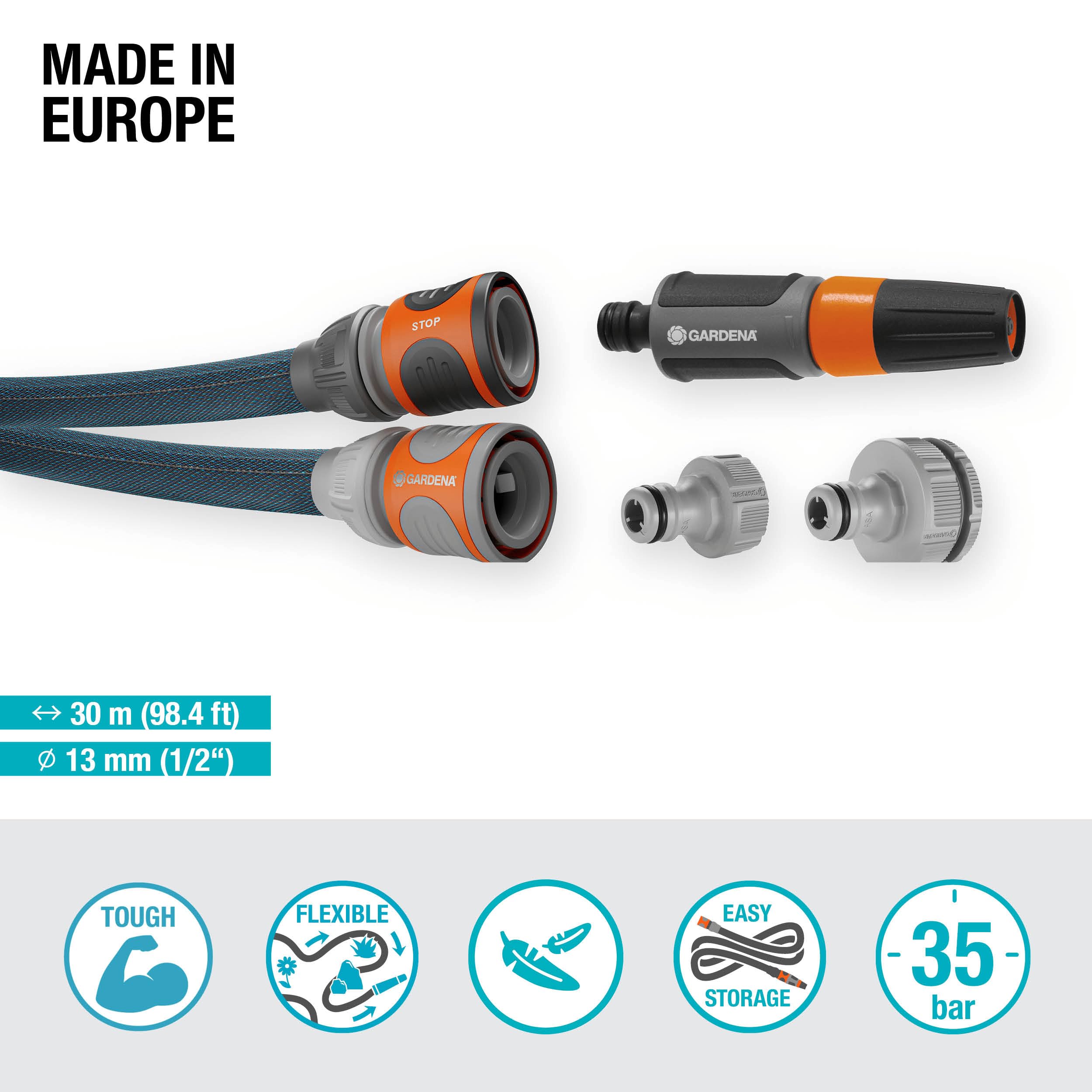 Gardena Liano Xtreme 1/2 inch, 30m set: Extremely robust textile garden hose, for indoor water taps, with PVC inner tube, lightweight, weather-resistant (18477-20)