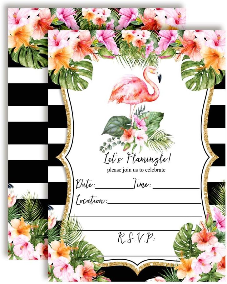 Amanda Creation Pink Watercolor Polka Dot Flamingo Fill In Party Invitations, set of 20 including envelopes