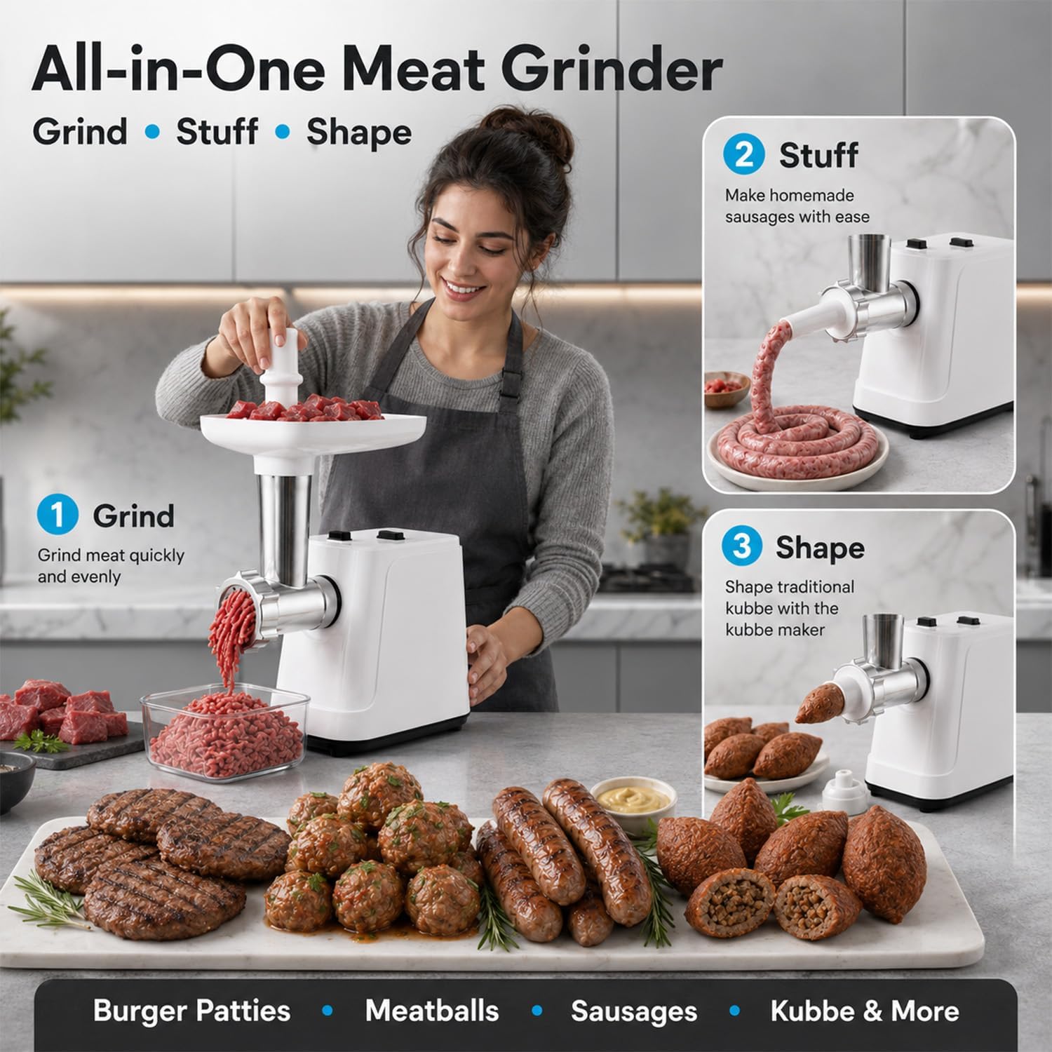 2500W Max Electric Meat Grinder & Sausage Stuffer, Heavy Duty Mincer(White)