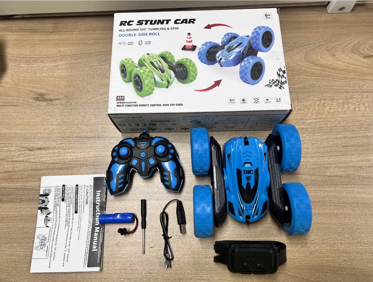 Remote Control Stunt Car for Kids Ages 6-12, Double-Side Roll 360° Spins, 2.4GHz Dual Remote & Watch Control, 4WD Drift RC Car with LED Lights, USB-C Rechargeable Battery, Gift for Boys & Girls